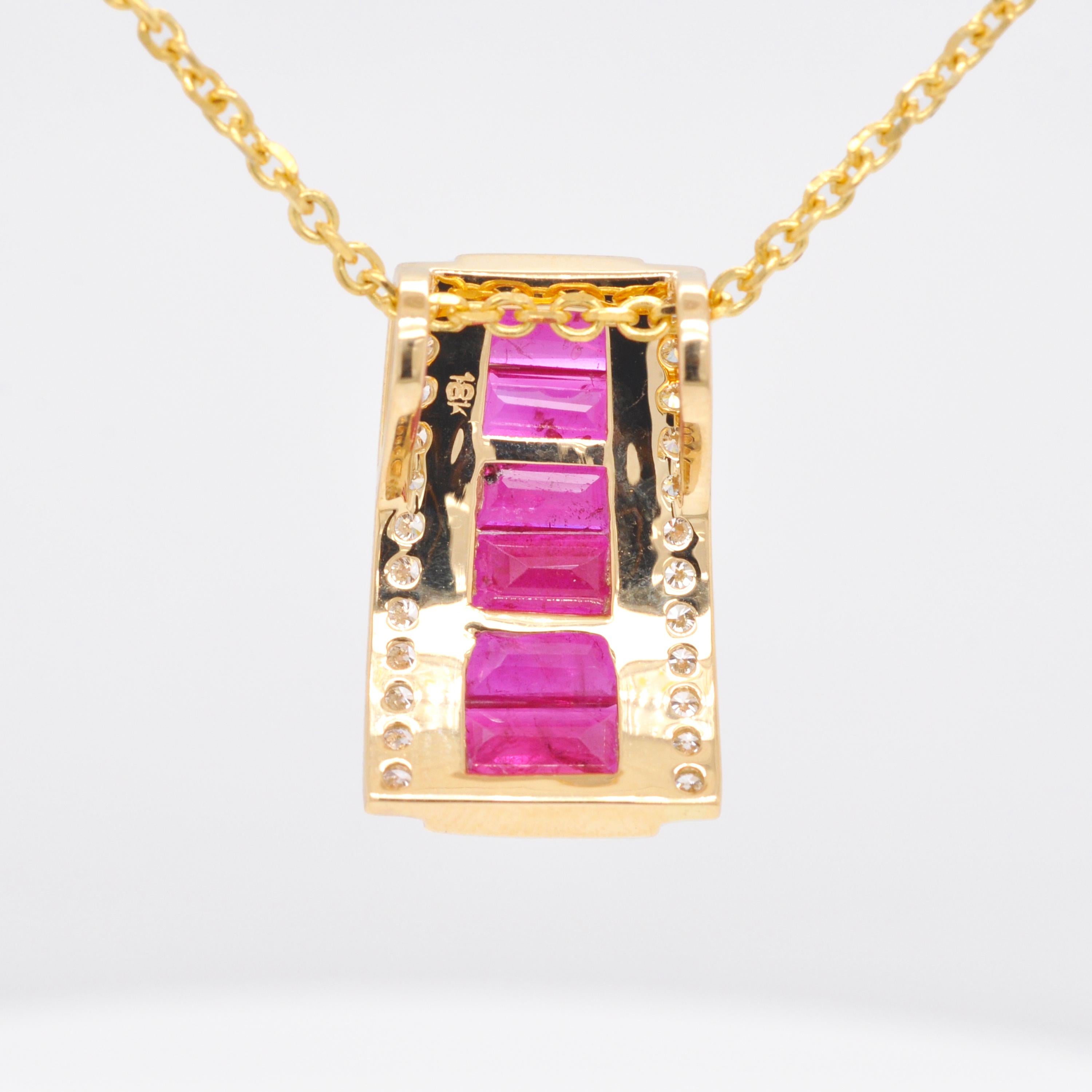18K Gold Taper Baguette Ruby Art Deco Pyramid Diamond Pendant Necklace For Sale 1