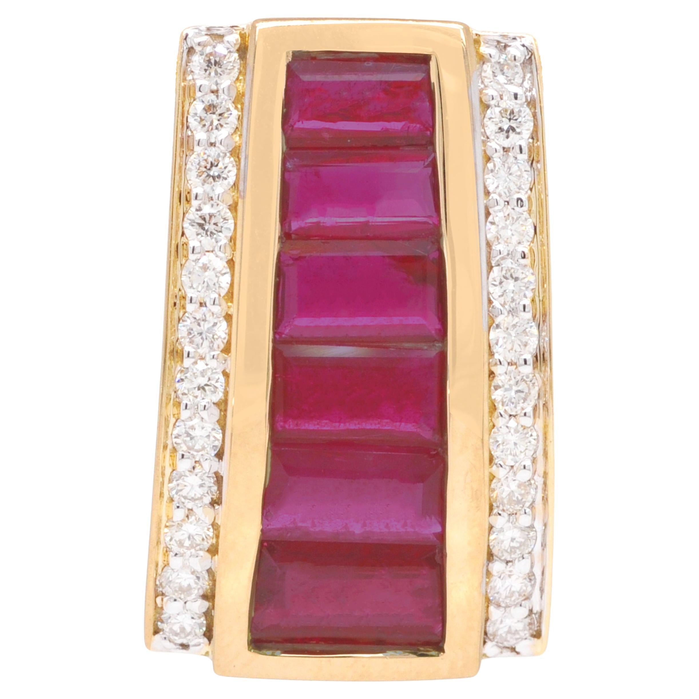 18K Gold Taper Baguette Ruby Art Deco Pyramid Diamond Pendant Necklace For Sale