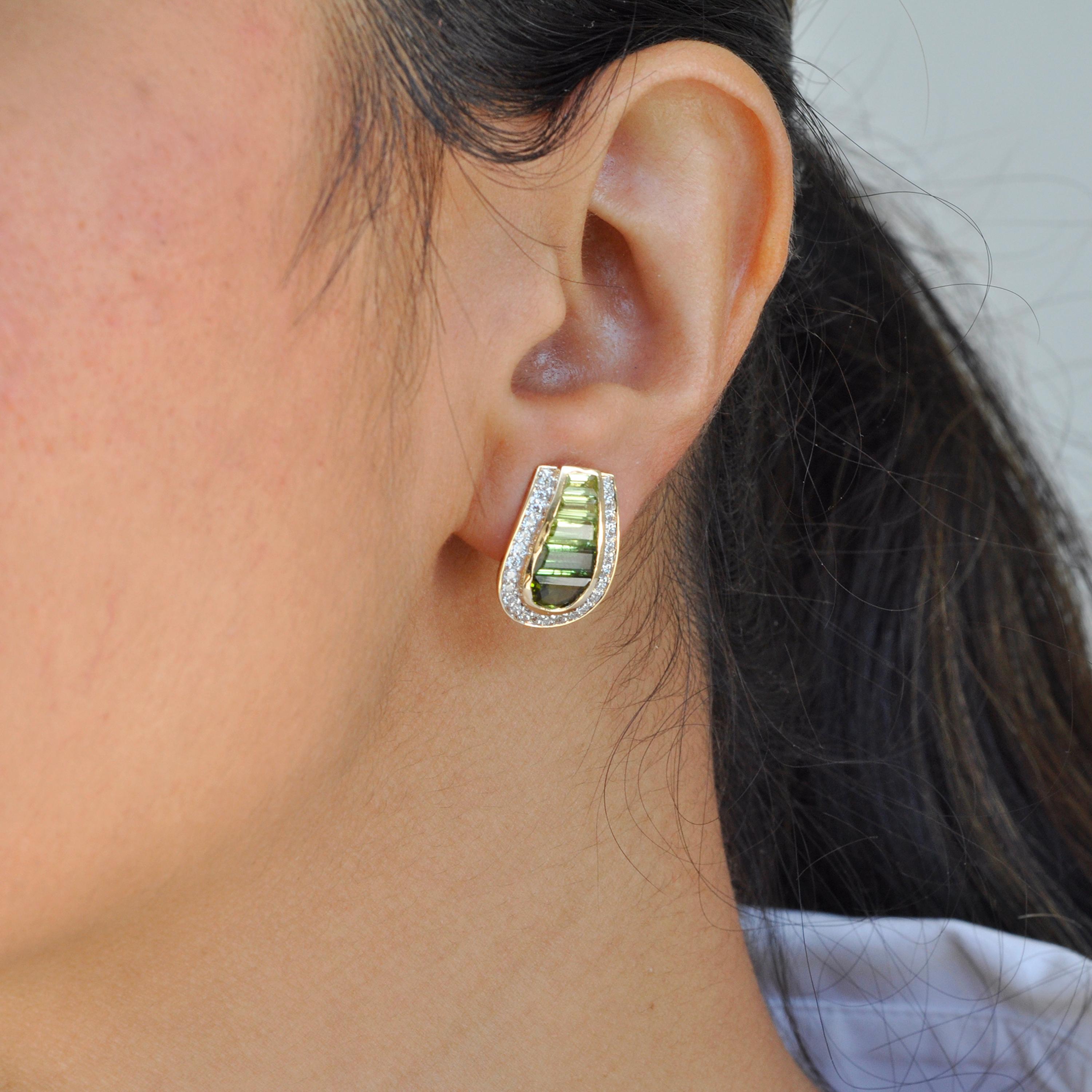 18K Gold Tapered Baguette Cut Green Tourmaline Peridot Diamond Studs Earrings For Sale 2