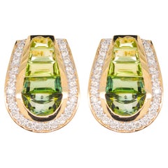 18K Gold Tapered Baguette Cut Green Tourmaline Peridot Diamond Studs Earrings