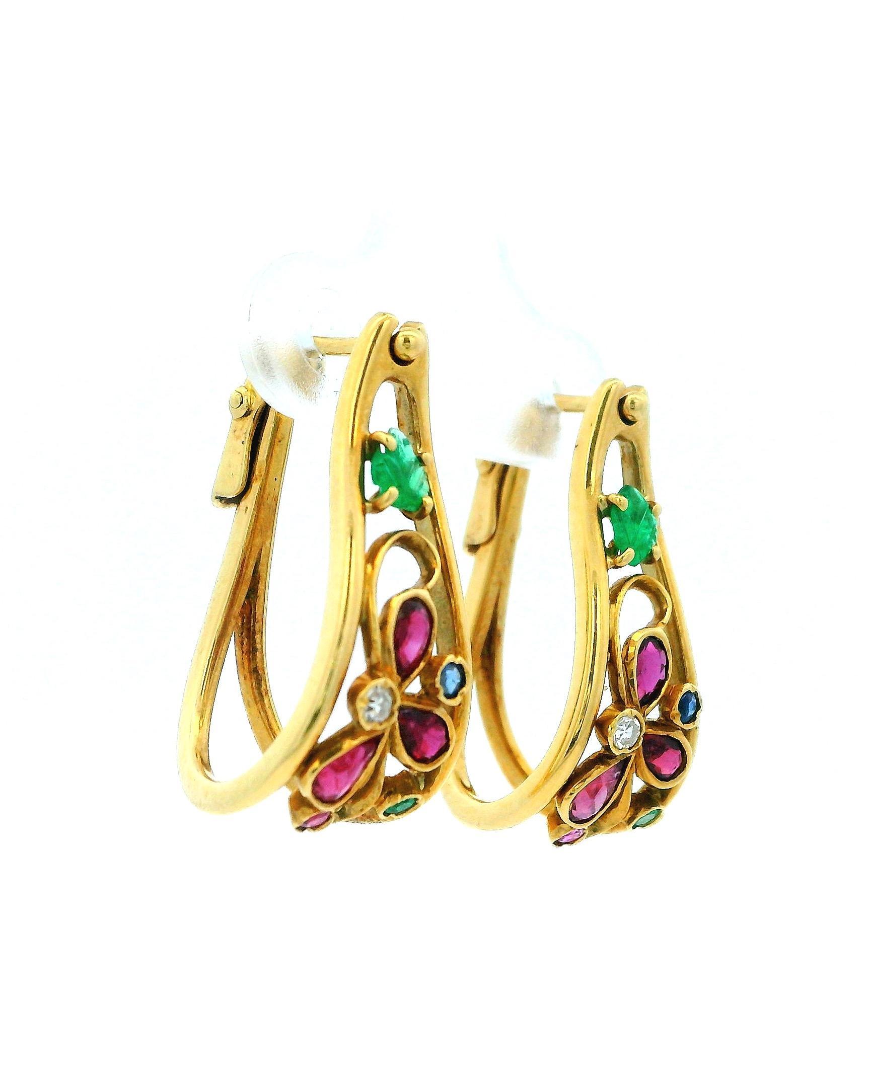 18K Gold Tapered Wire Carved Ruby, Sapphire & Diamond Earrings In condizioni buone in vendita a Great Neck Plaza, NY