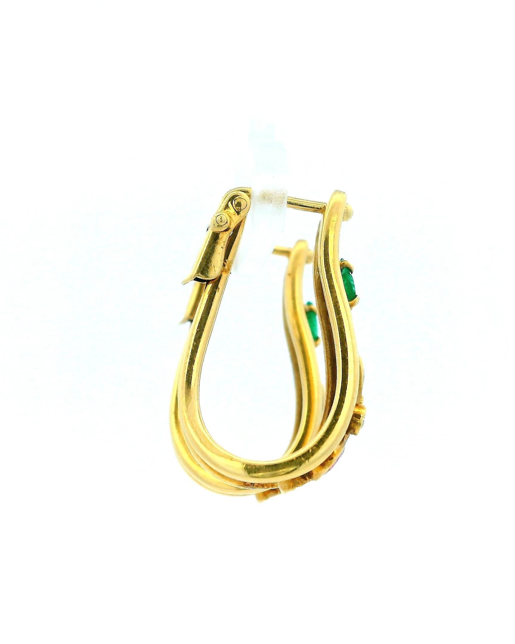Donna 18K Gold Tapered Wire Carved Ruby, Sapphire & Diamond Earrings in vendita