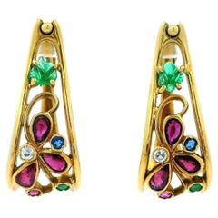 18K Gold Tapered Wire Carved Ruby, Sapphire & Diamond Earrings