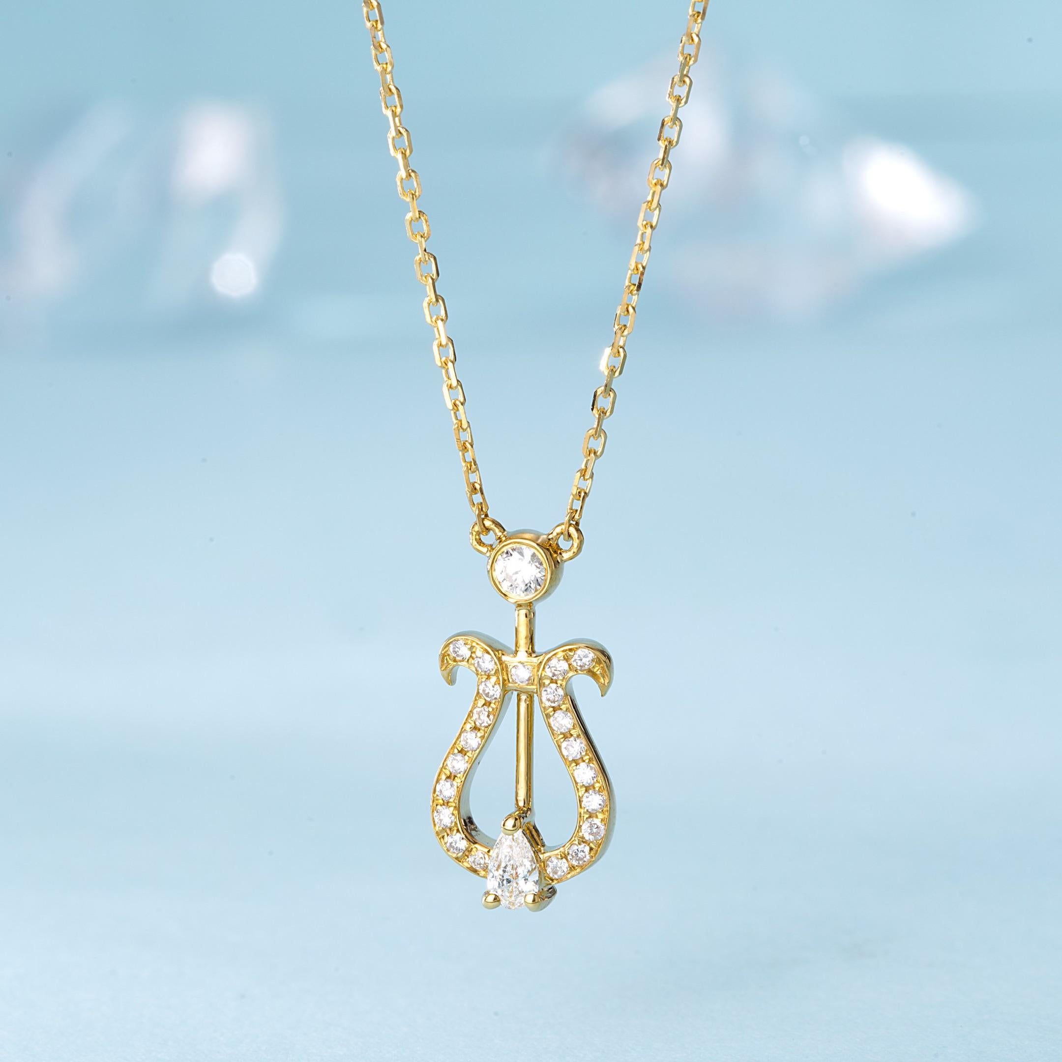 Modern 18K Gold Teardrop Bubble Lyre Necklace with Natural Diamonds For Sale