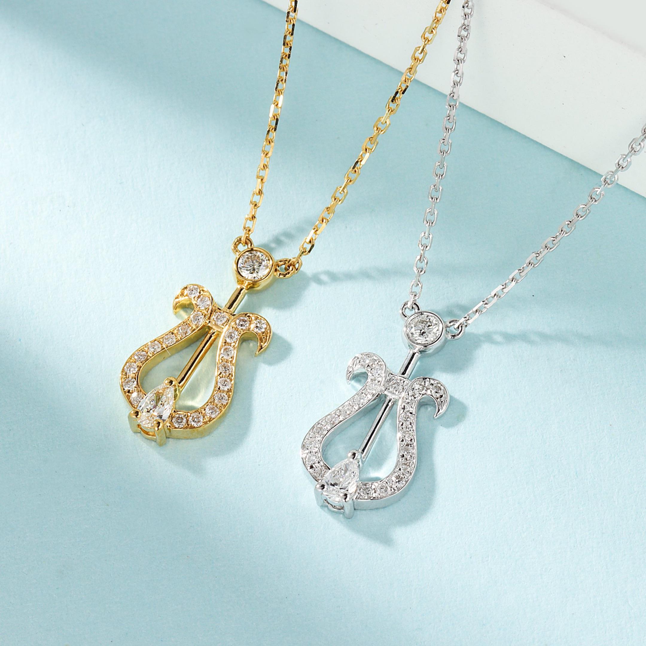18K Gold Teardrop Bubble Lyre Necklace with Natural Diamonds In New Condition For Sale In Hong Kong, HK