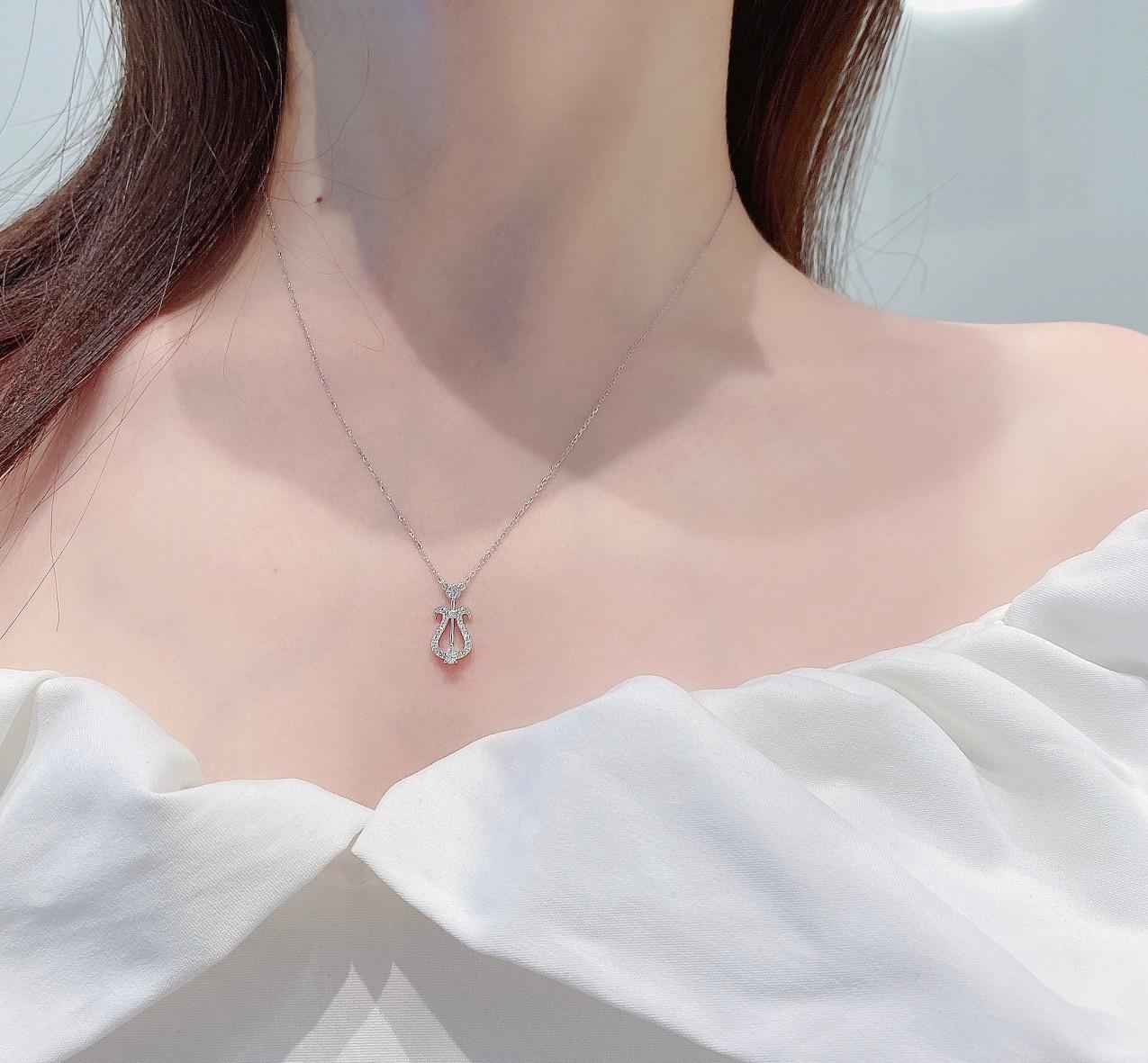 Women's 18K Gold Teardrop Bubble Lyre Necklace with Natural Diamonds For Sale