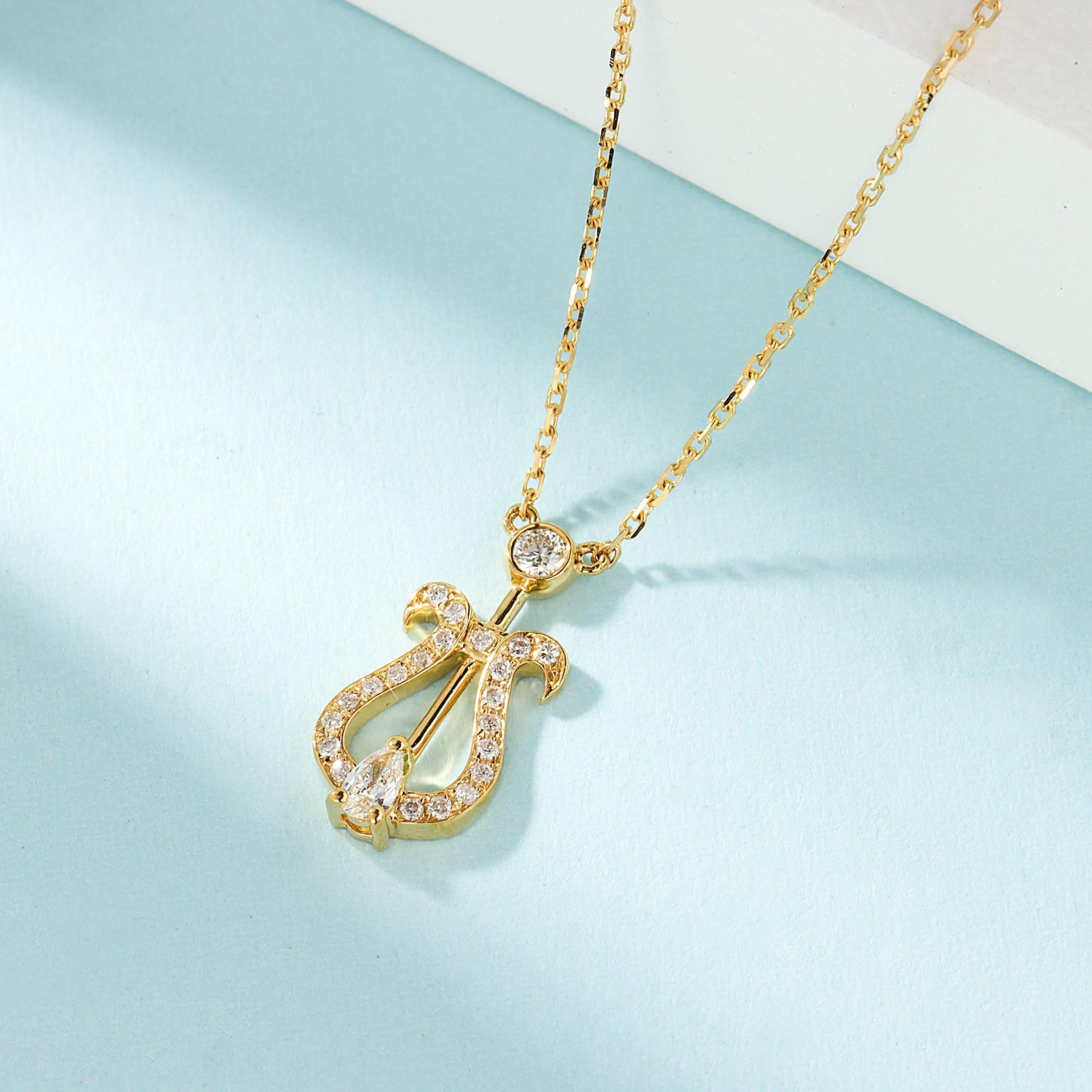 18K Gold Teardrop Bubble Lyre Necklace with Natural Diamonds For Sale 1