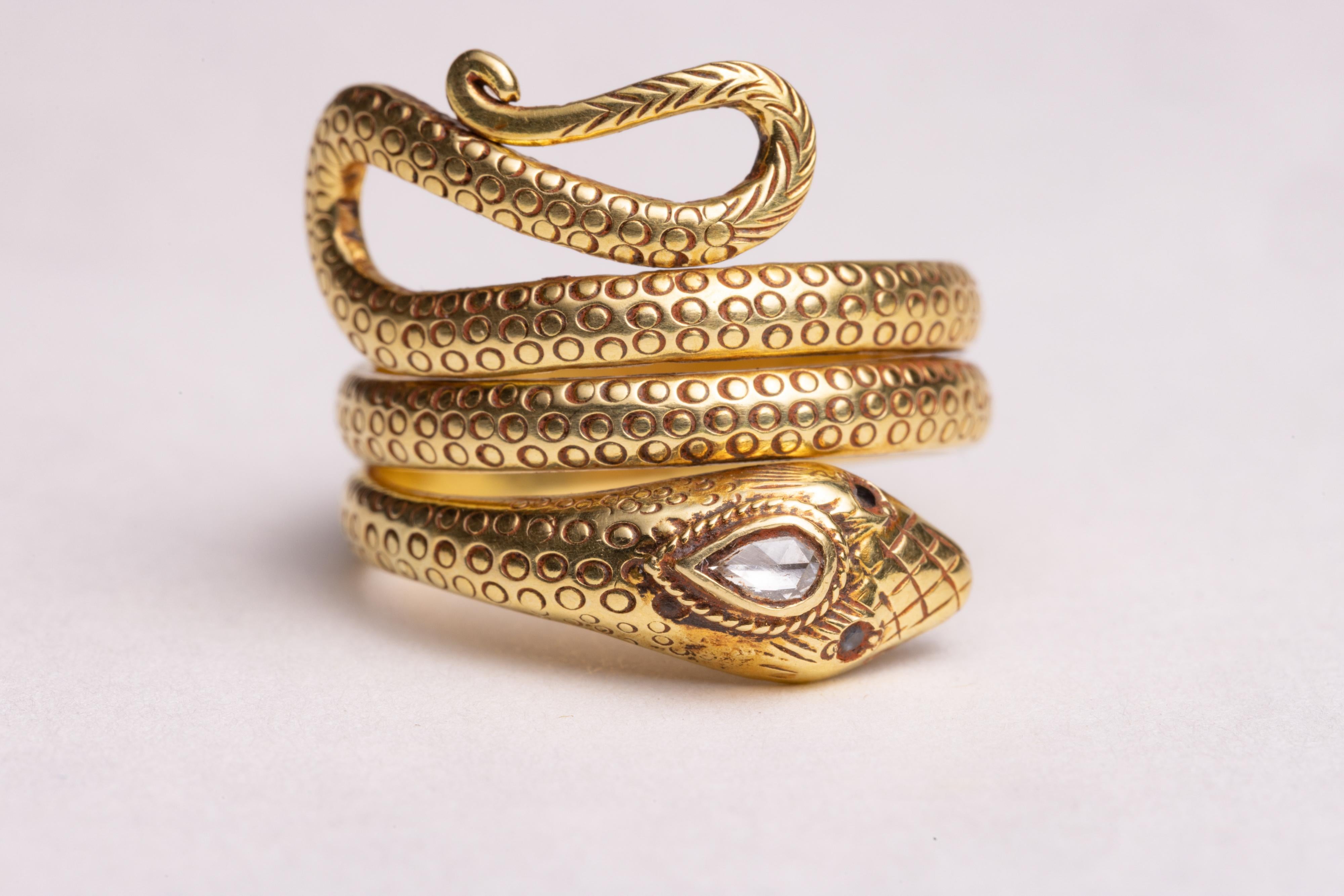 Pear Cut 18K Gold Textured Coiled Snake Ring with Diamond