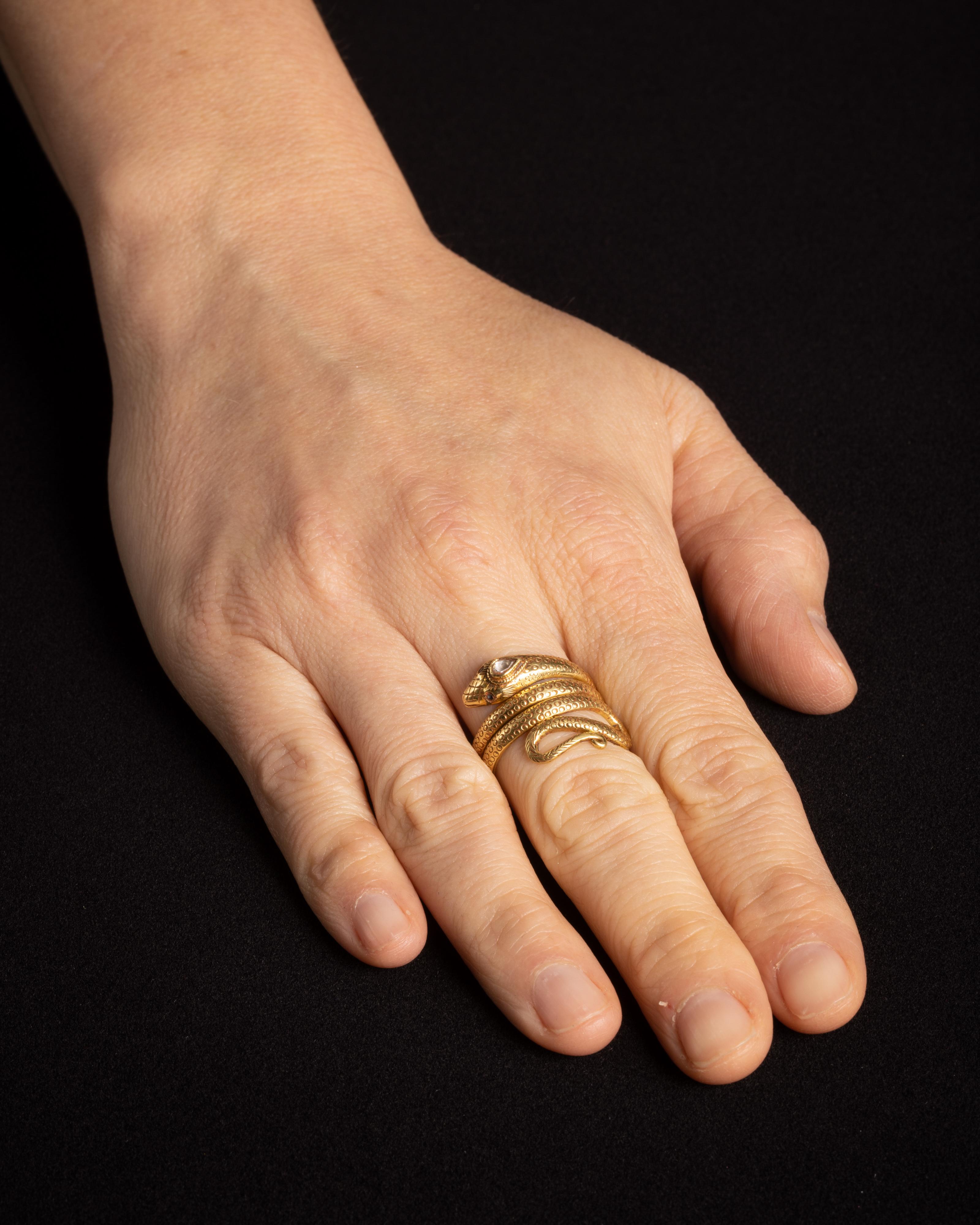 Women's or Men's 18K Gold Textured Coiled Snake Ring with Diamond