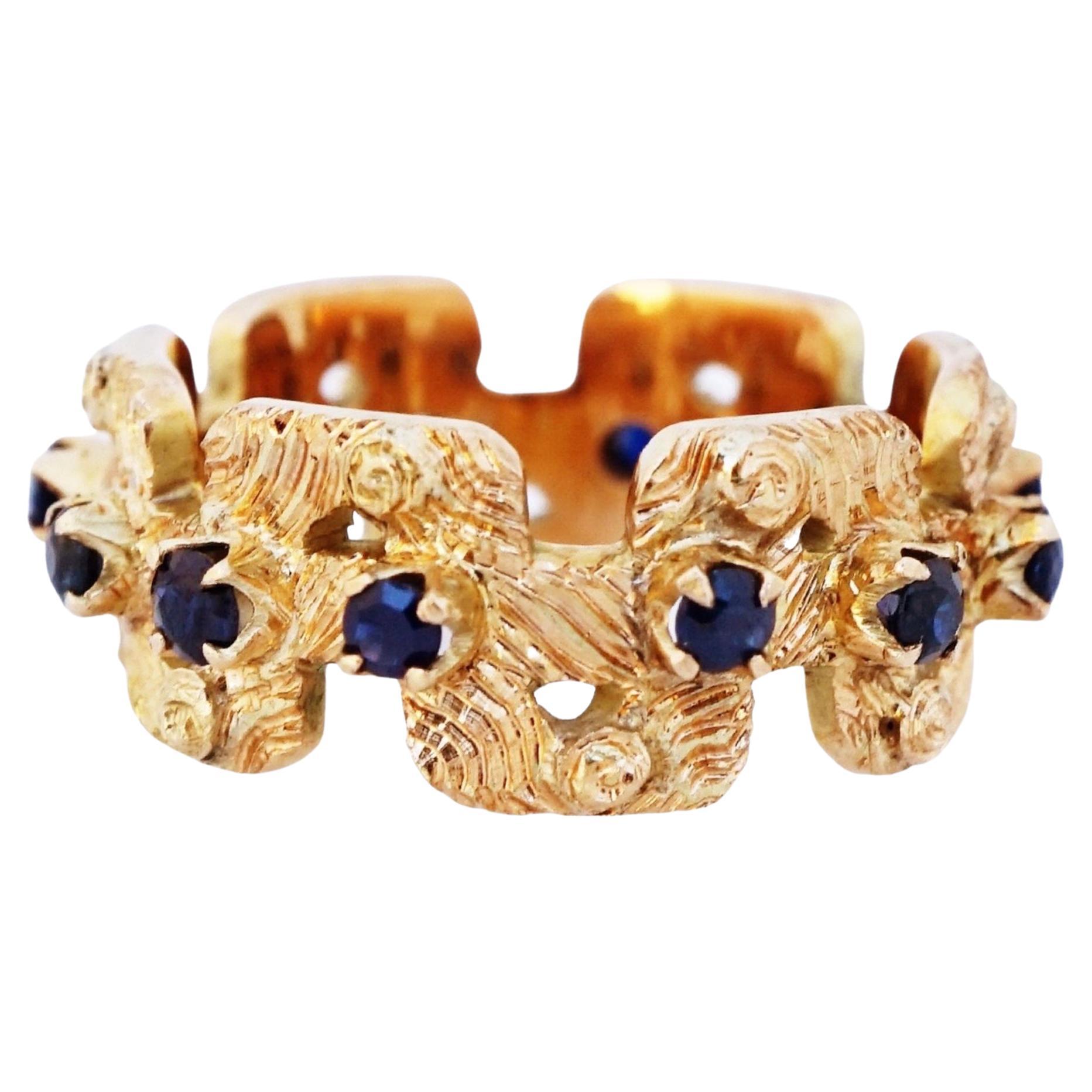 18k Gold Textured Modernist Ring with Sapphires, 1970s For Sale