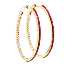 18k Gold Thai Princess‑Cut Ruby Cts 2.51 and Diamond Cts 0.50 Hoop Earrings