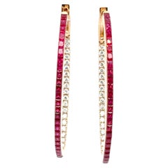 18k Gold Thai Princess‑Cut Ruby Cts 2.51 and Diamond Cts 0.50 Hoop Earrings