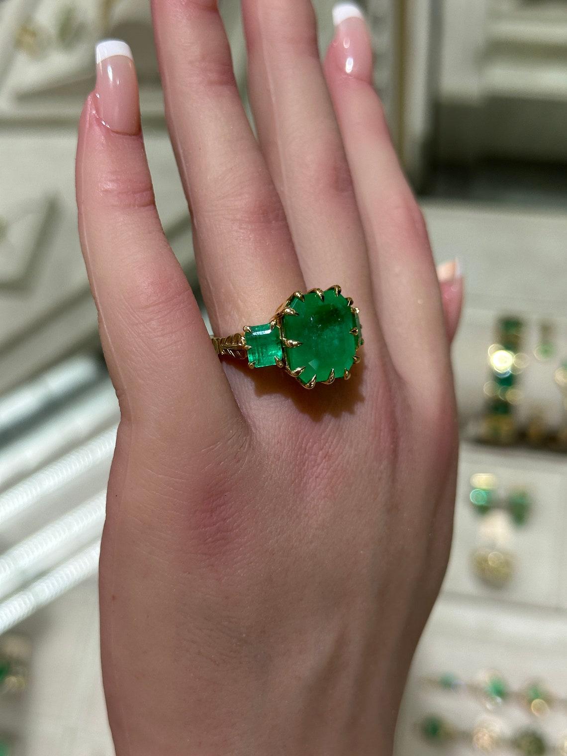 Emerald Cut 18K Gold Three-Stone Trilogy Ring with 13.73tcw Emerald-Cut Colombian Emeralds For Sale