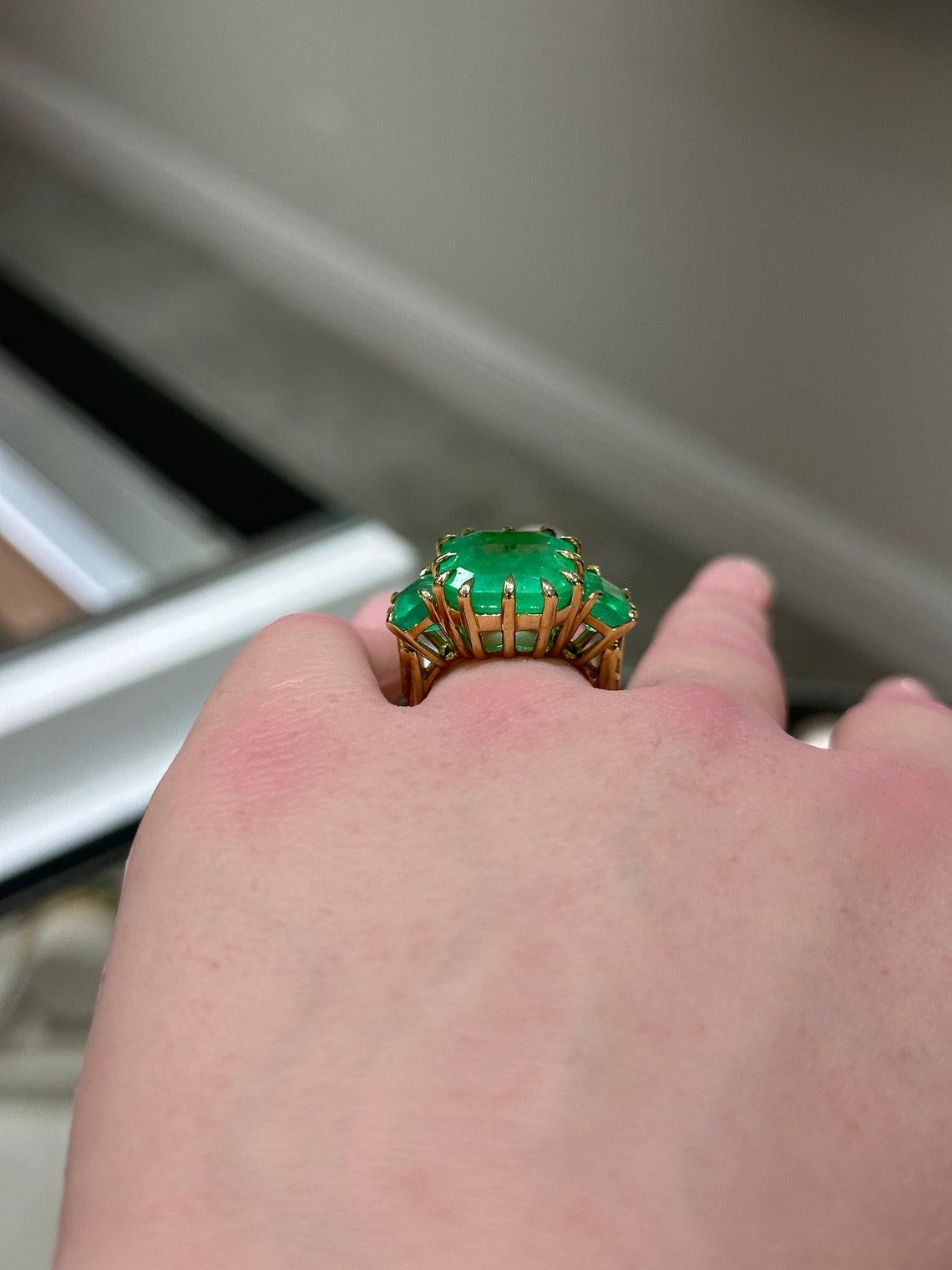 Women's 18K Gold Three-Stone Trilogy Ring with 13.73tcw Emerald-Cut Colombian Emeralds For Sale