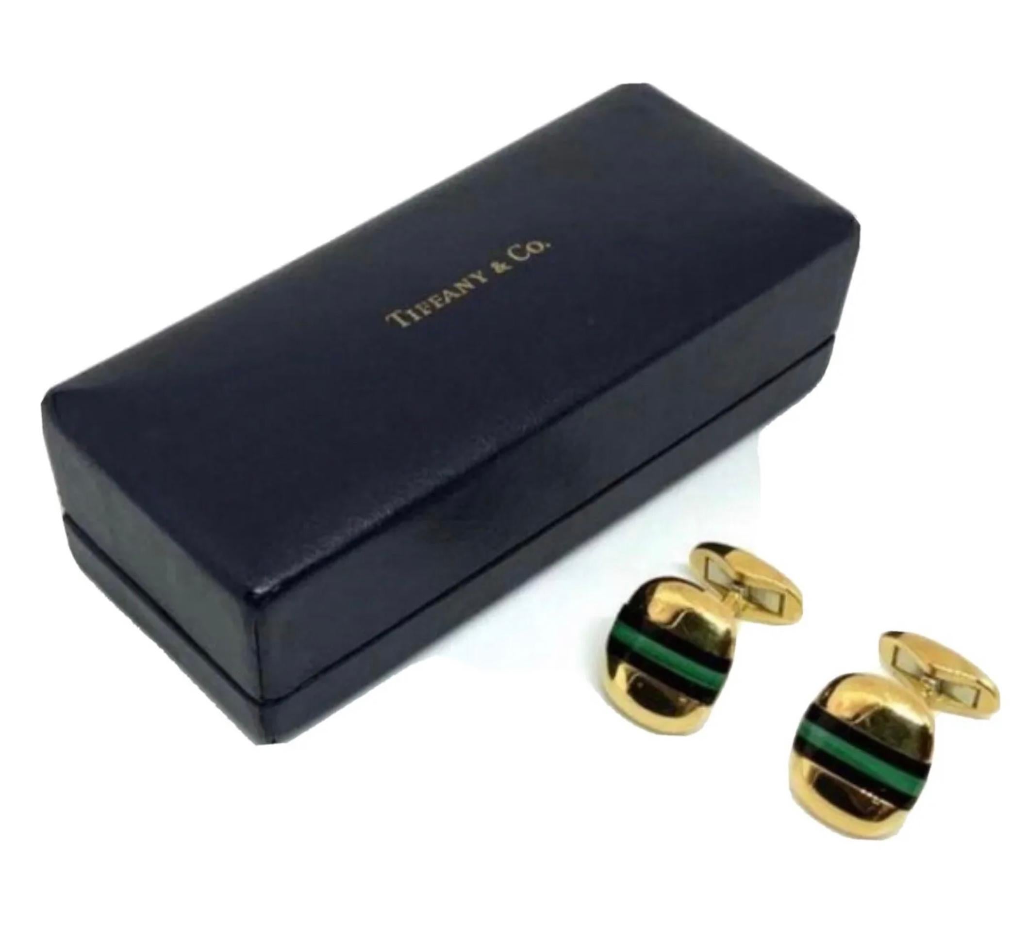 Taille mixte Or 18 carats Tiffany & Co. Boutons de manchette en malachite et onyx noir incrustés en vente
