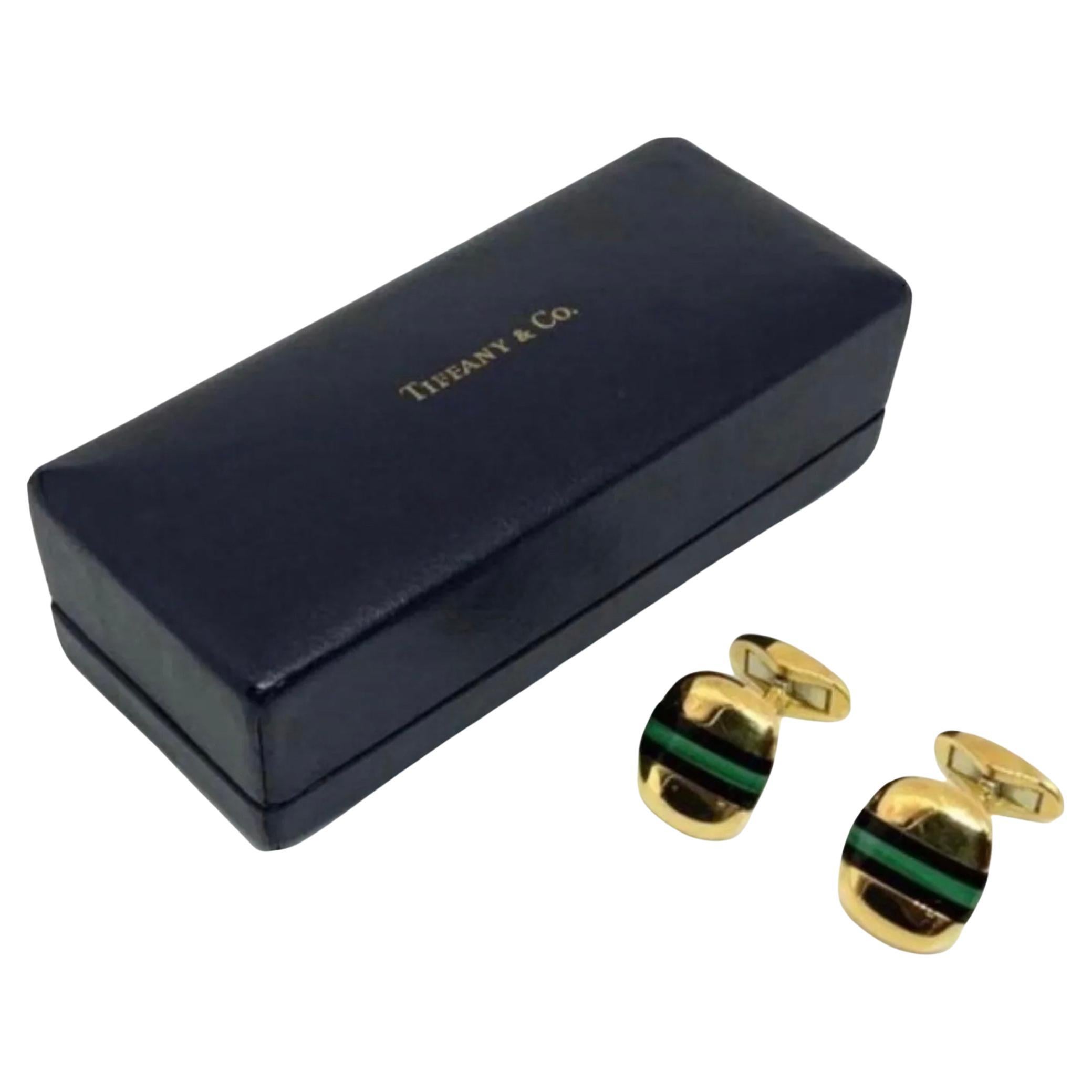 Or 18 carats Tiffany & Co. Boutons de manchette en malachite et onyx noir incrustés en vente