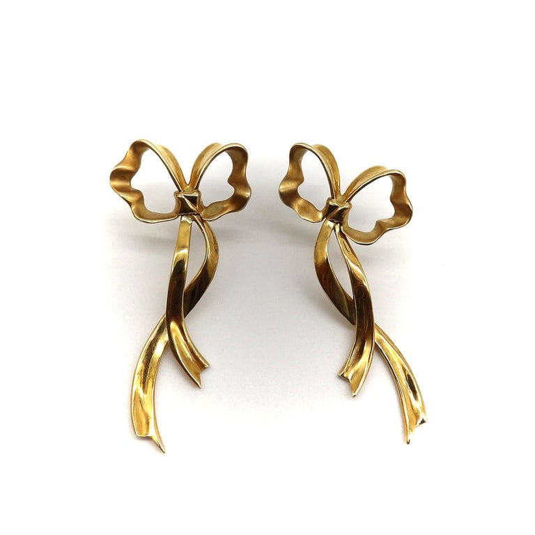 18K Gold Tiffany and Co. Long Ribbon Bow Earrings For Sale at 1stDibs