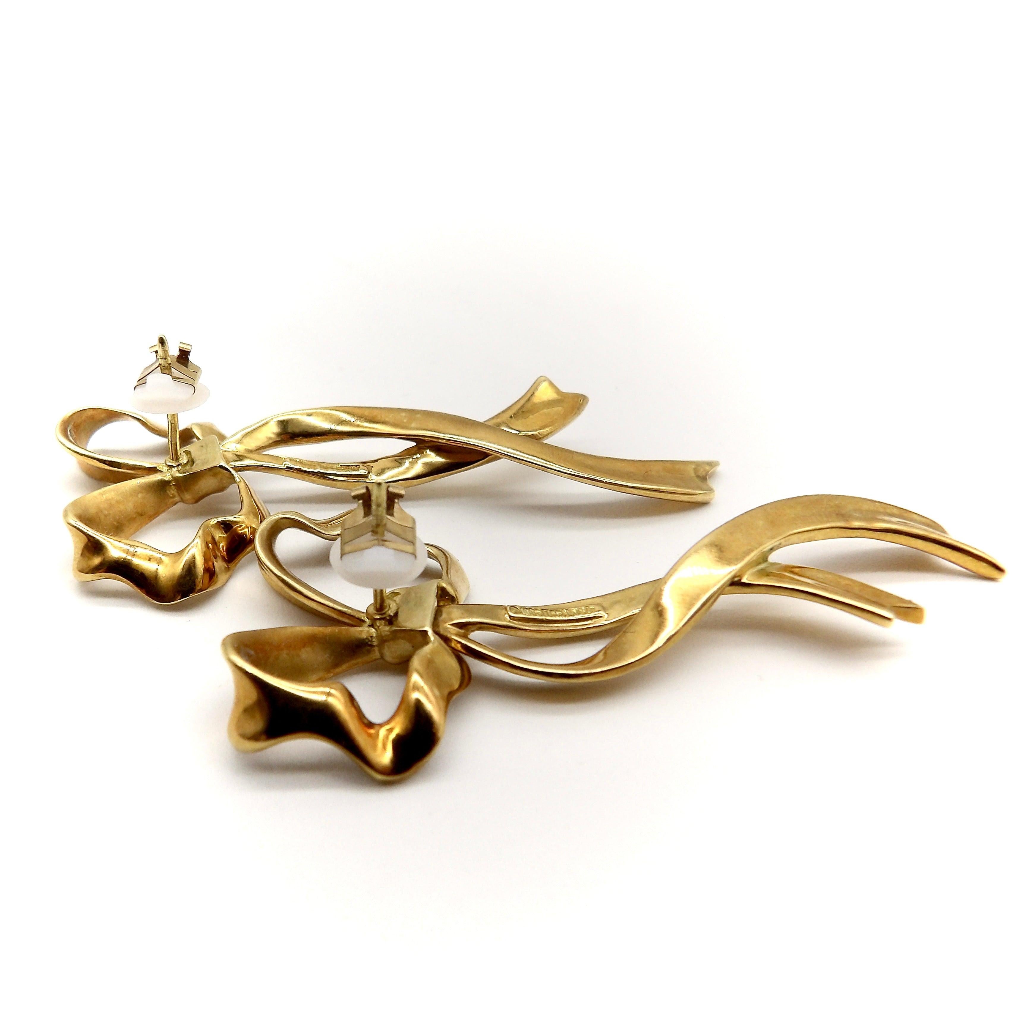 Modern 18K Gold Tiffany & Co. Long Ribbon Bow Earrings