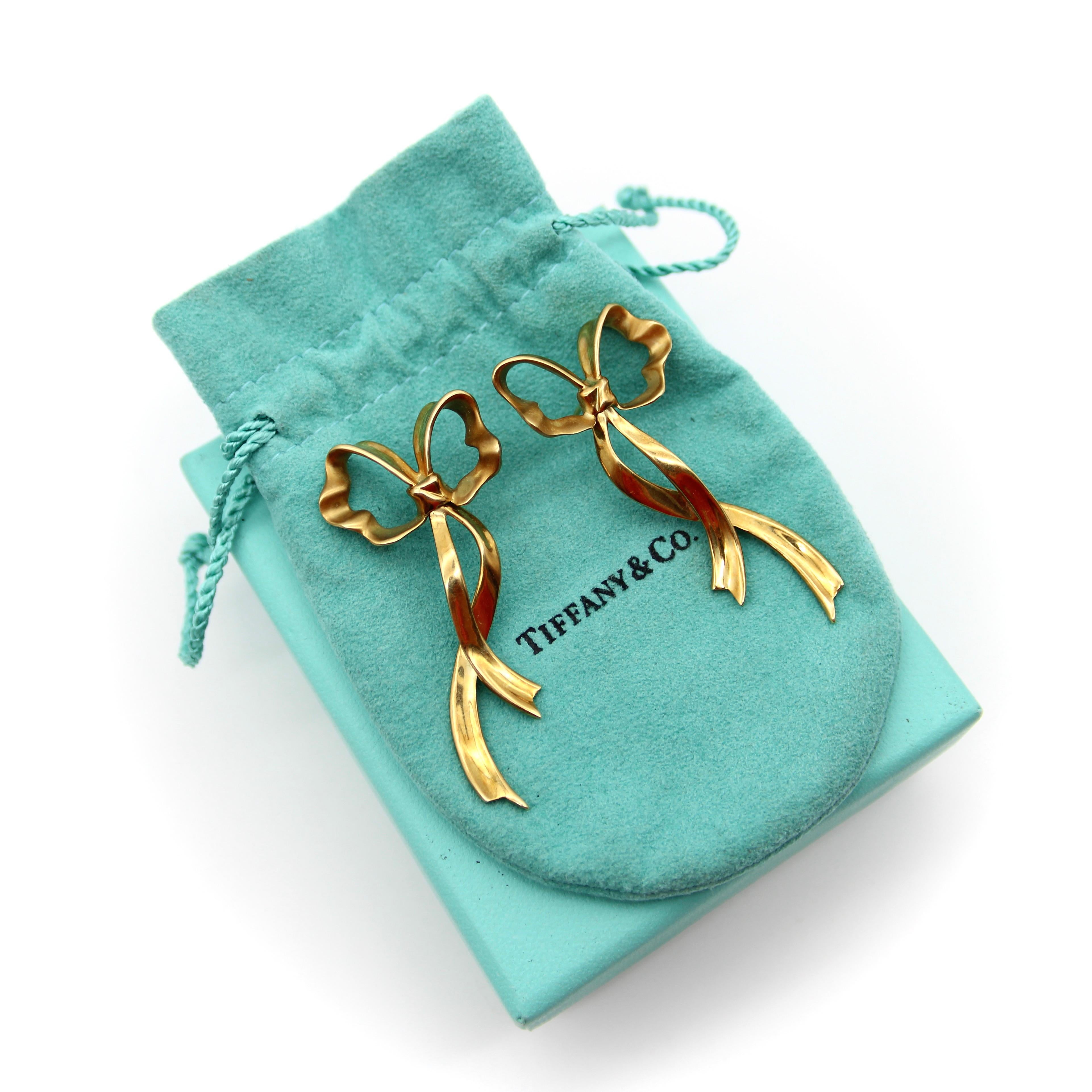18K Gold Tiffany & Co. Long Ribbon Bow Earrings In Good Condition In Venice, CA
