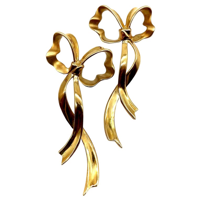 18K Gold Tiffany and Co. Long Ribbon Bow Earrings For Sale at 1stDibs