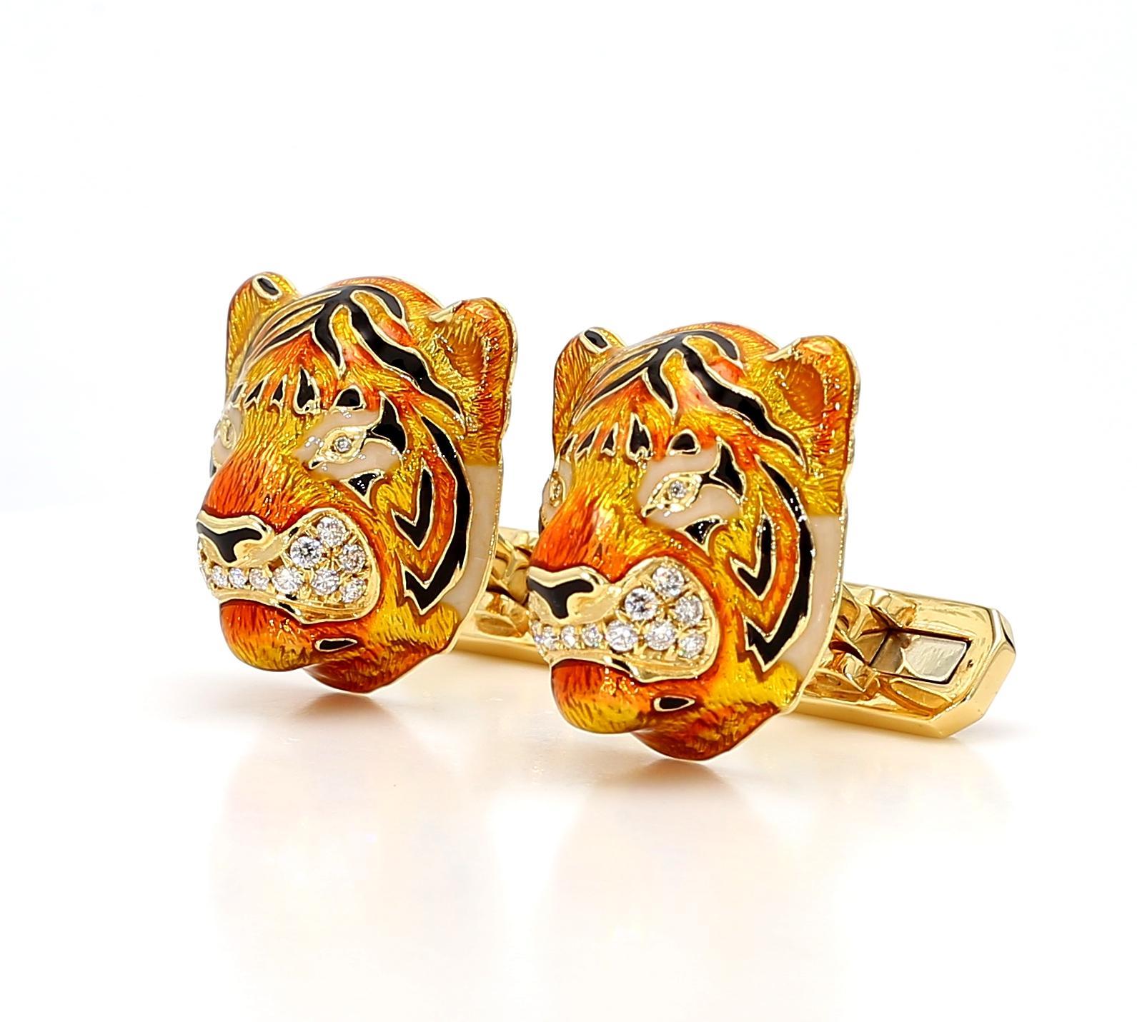 18K Gold Tiger Manschettenknöpfe mit Diamanten (Rundschliff) im Angebot