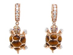 18K Gold Tiger Eye Stone Turtle Drop Earrings with Diamonds