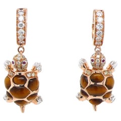18K Gold Tiger Eye Stone Turtle Drop Earrings with Diamonds
