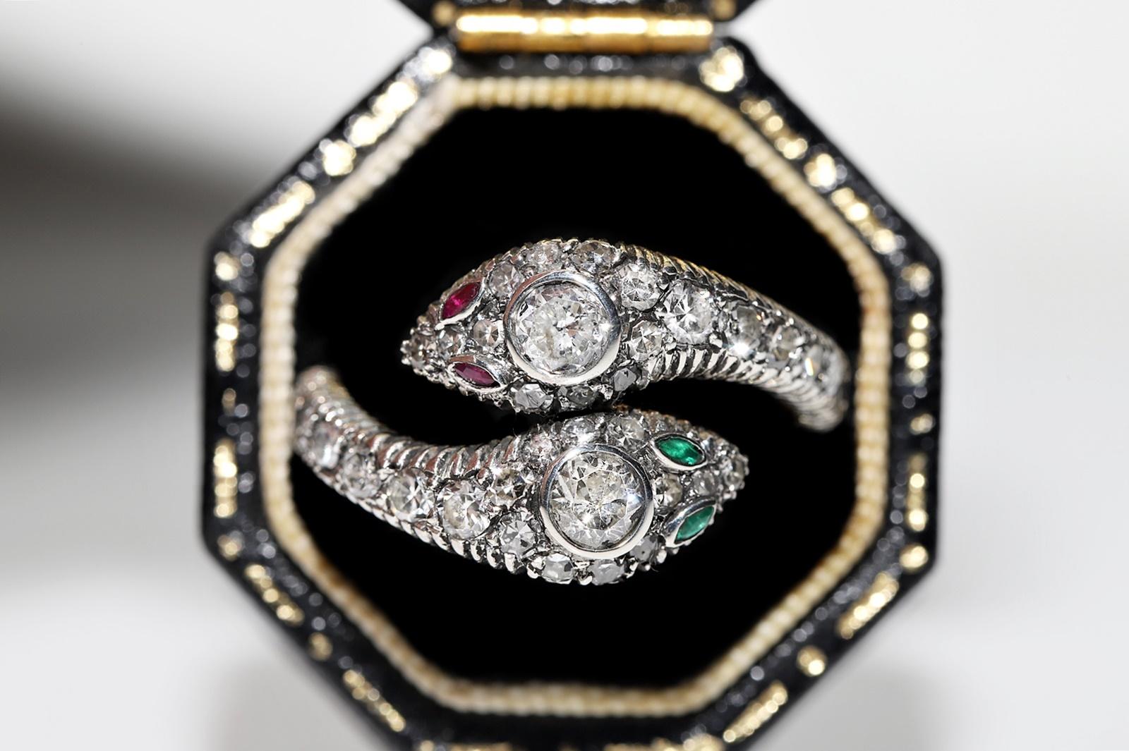  18k Gold Top Silver New Made Natural Diamond And Ruby Emerald Snake Ring  For Sale 9