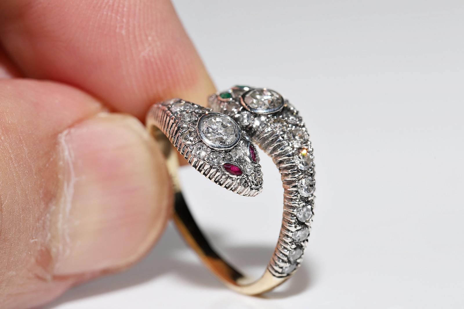  18k Gold Top Silver New Made Natural Diamond And Ruby Emerald Snake Ring  For Sale 3