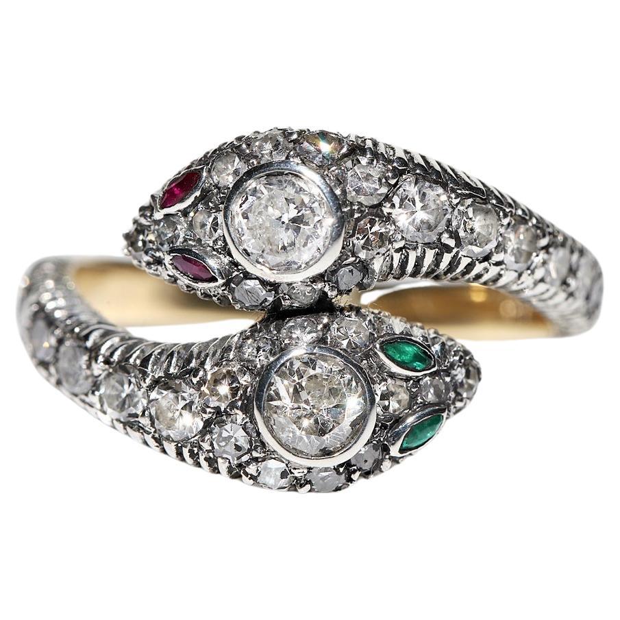  18k Gold Top Silver New Made Natural Diamond And Ruby Emerald Snake Ring  For Sale