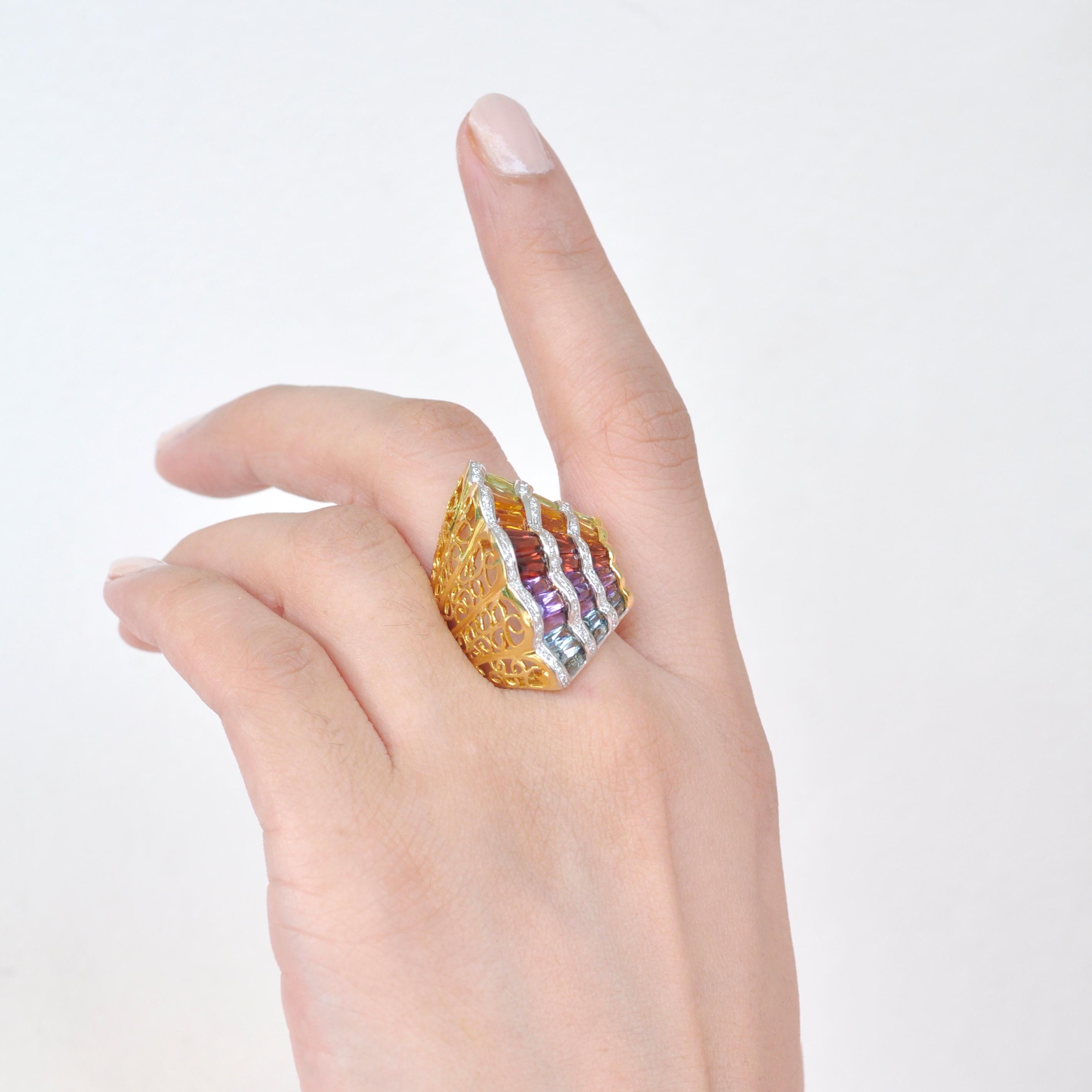 18K Gold Topas Amethyst Granat Citrin Peridot Mehrfarbiger Regenbogen Cocktail-Ring 5