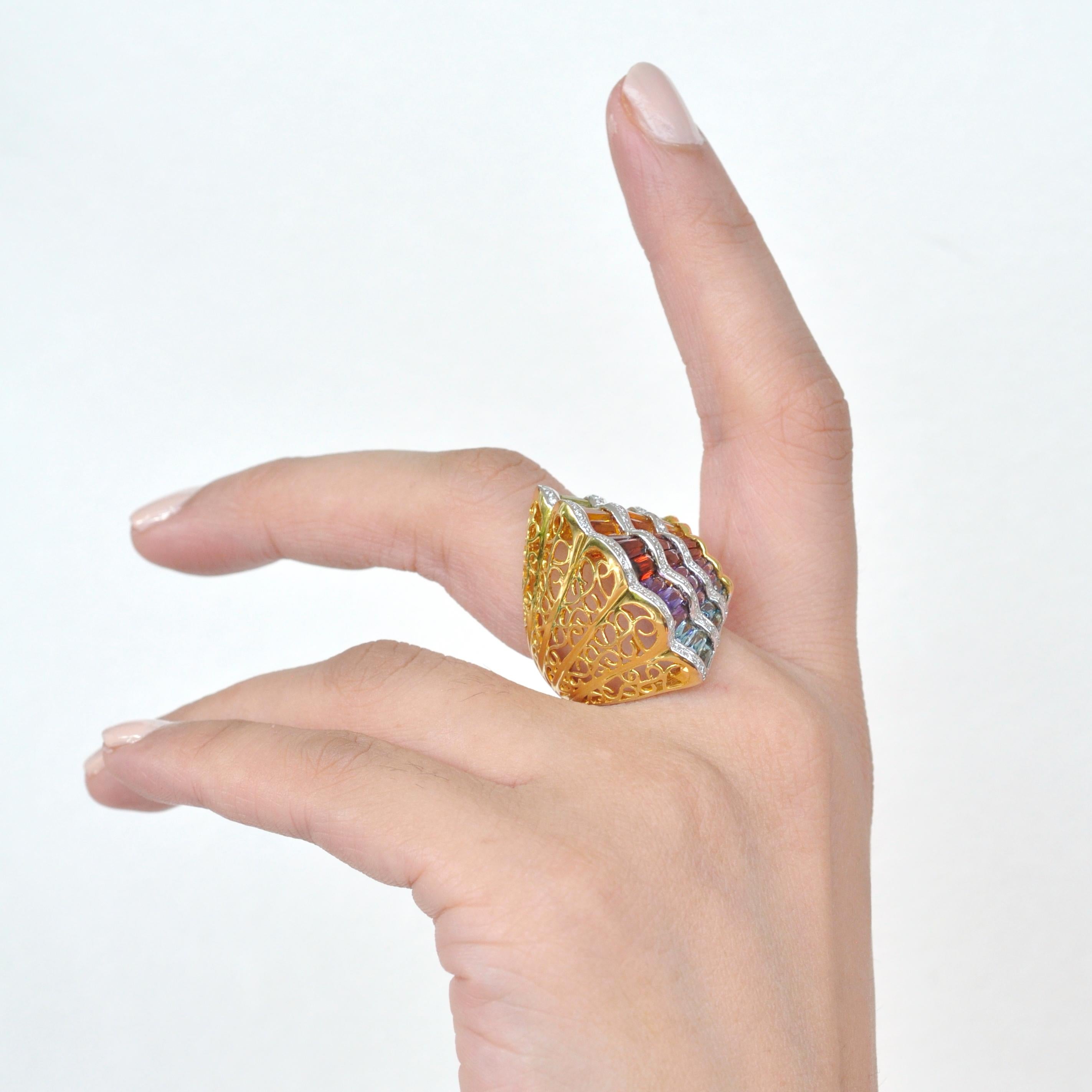 18K Gold Topaz Amethyst Garnet Citrine Peridot Multi-Color Rainbow Cocktail Ring 3