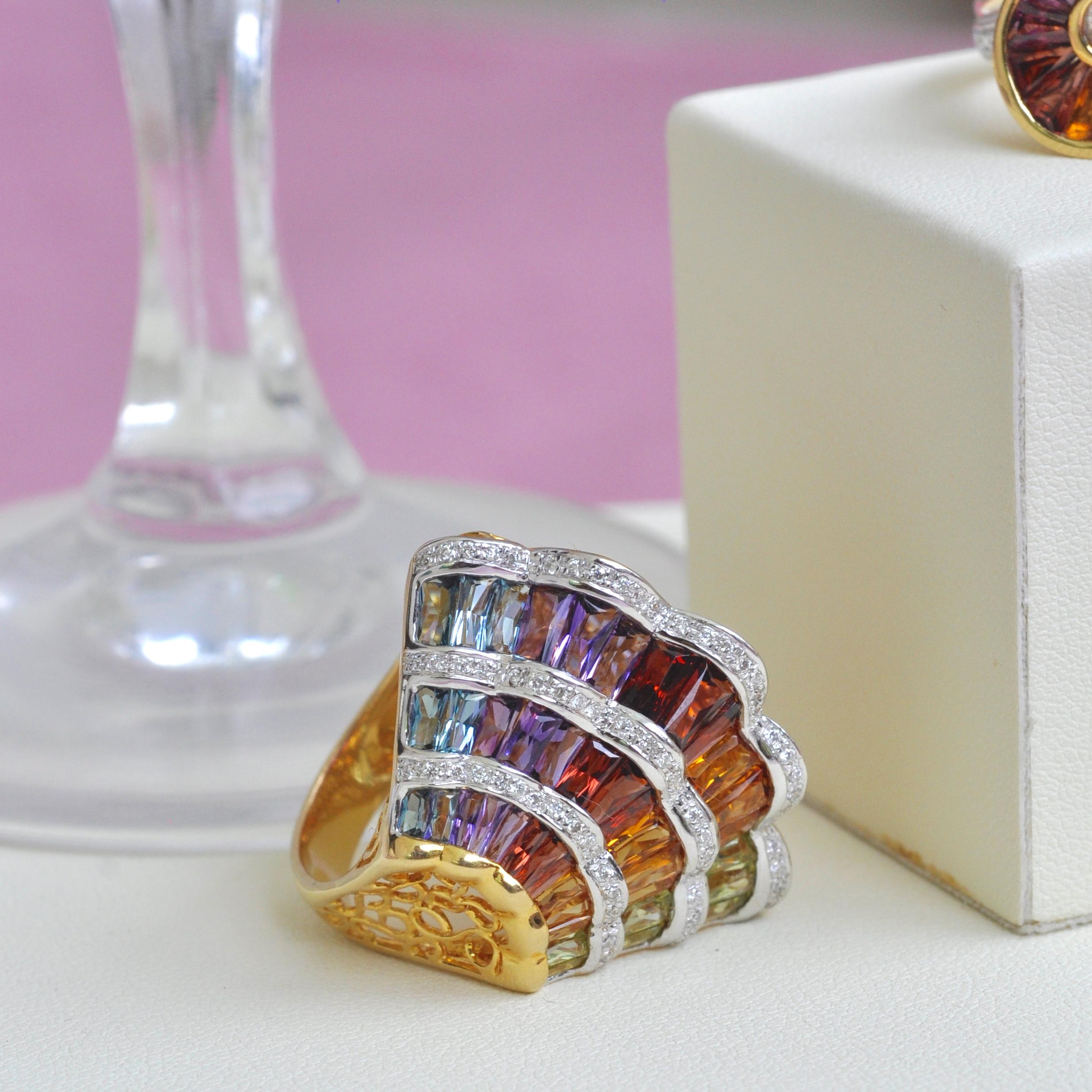 18K Gold Topaz Amethyst Garnet Citrine Peridot Multi-Color Rainbow Cocktail Ring 8