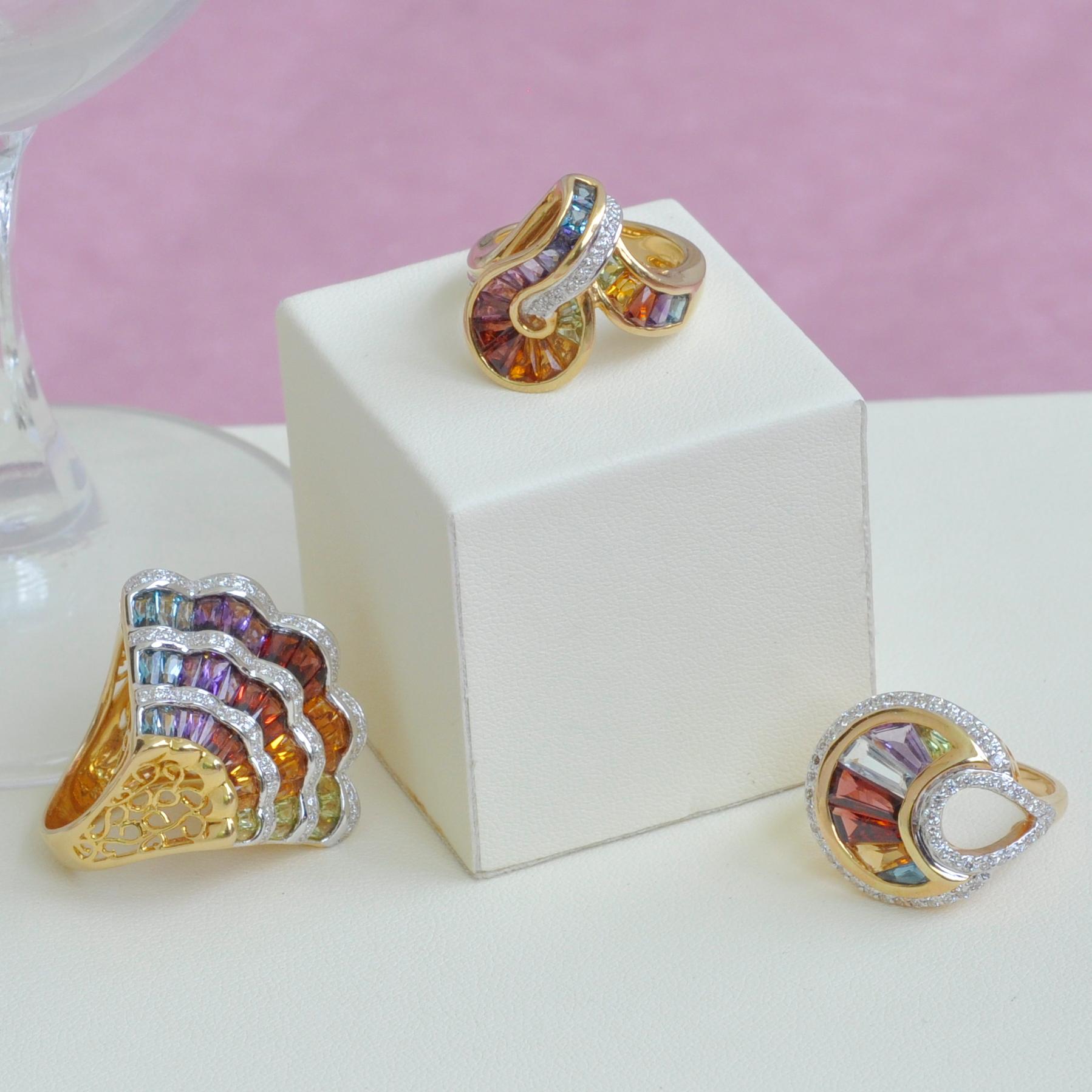 18K Gold Topaz Amethyst Garnet Citrine Peridot Multi-Color Rainbow Cocktail Ring 9