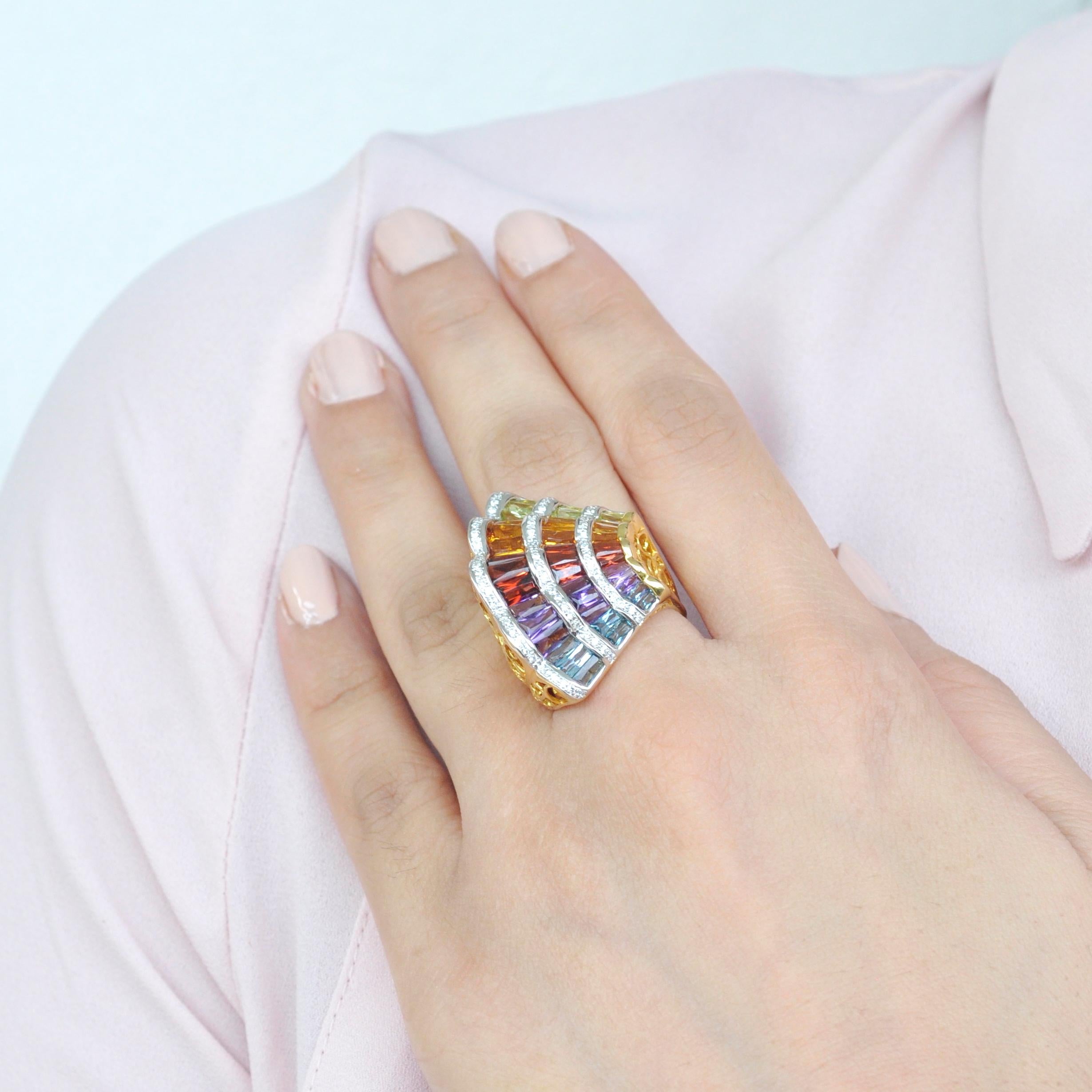 Inspired by the Japanese culture of Folding Fans, we present to you the SENSU cocktail Ring using 18K gold, topaz, amethyst, garnet, citrine, peridot and diamonds. Sensu meaning a “Folding Fan”, is a symbol of prosperity as it spreads out when we