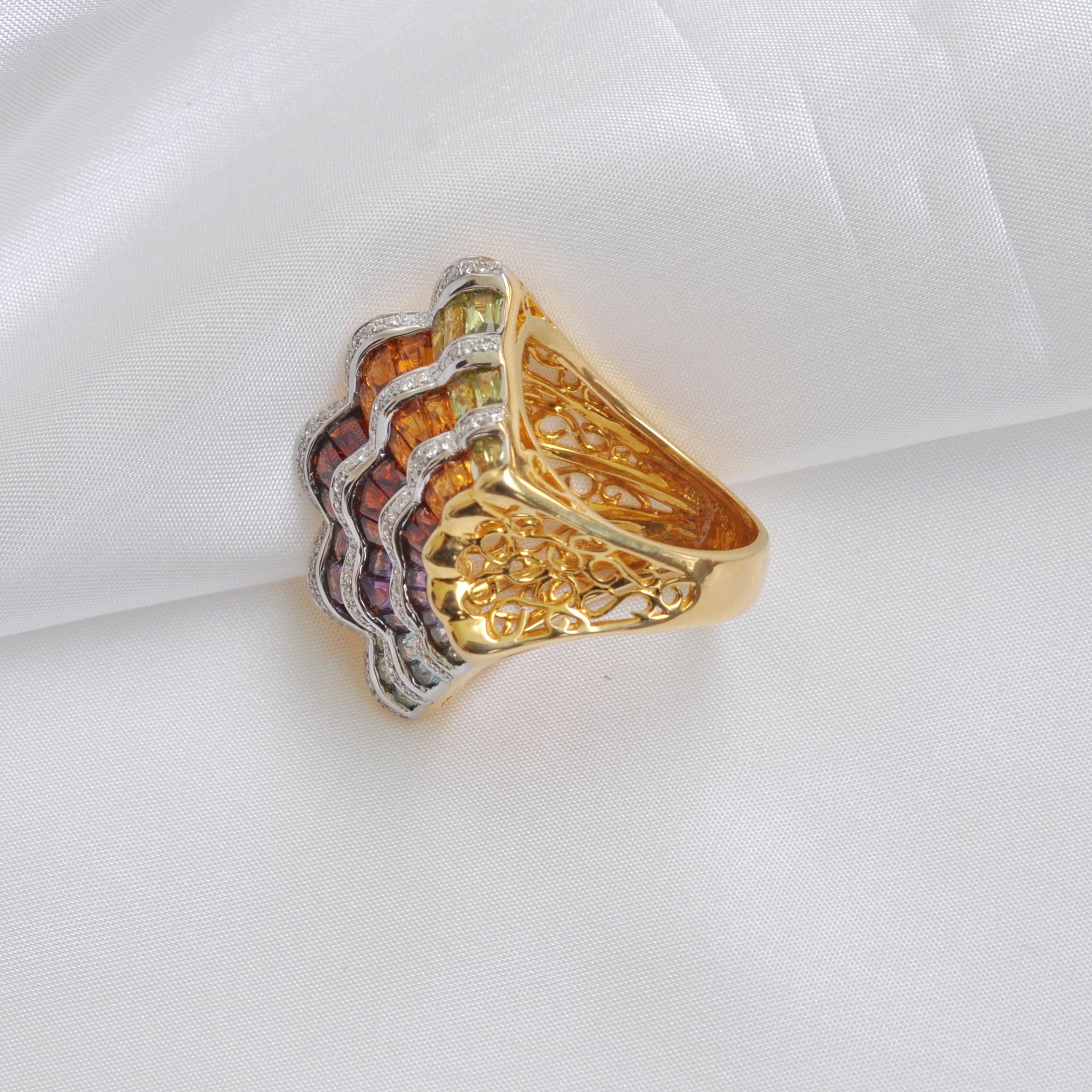 18K Gold Topaz Amethyst Garnet Citrine Peridot Multi-Color Rainbow Cocktail Ring In New Condition In Jaipur, Rajasthan