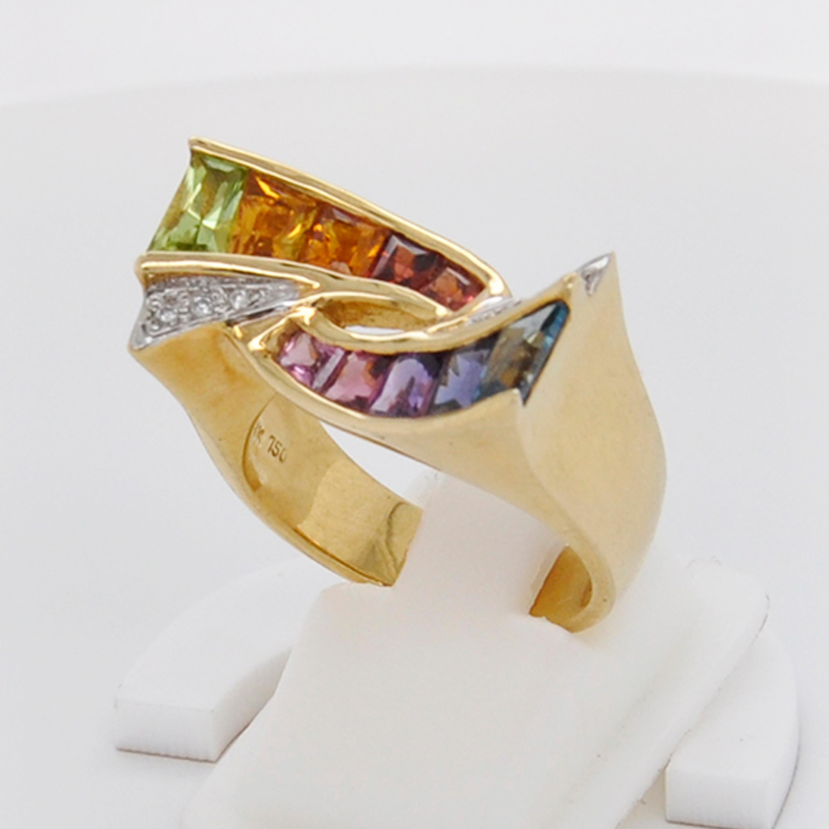 18 Karat Gold Topas Amethyst Granat Citrin Peridot Rhodolith Multicolor Regenbogen Ring im Angebot 5