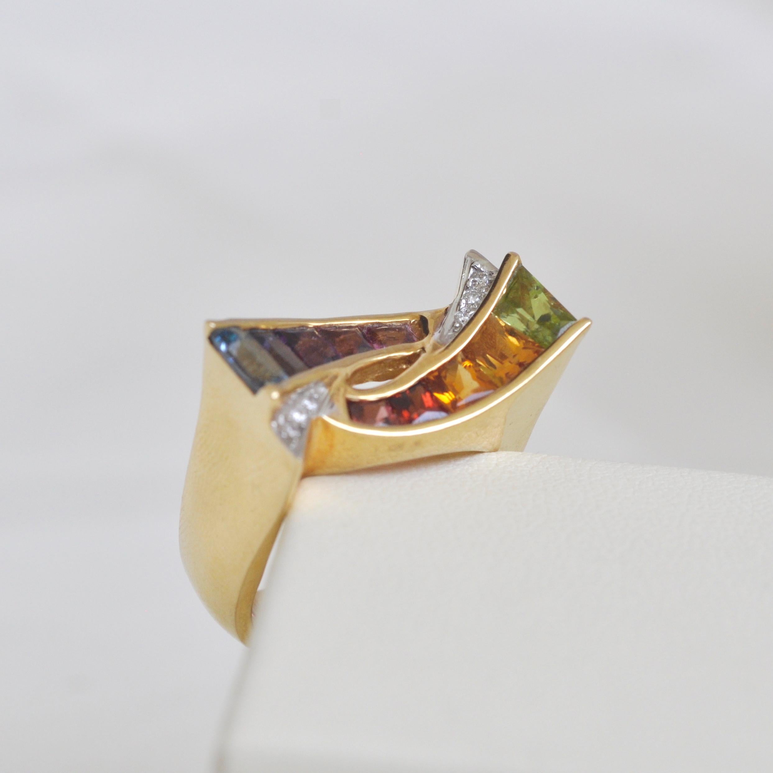 18 Karat Gold Topas Amethyst Granat Citrin Peridot Rhodolith Multicolor Regenbogen Ring im Angebot 8