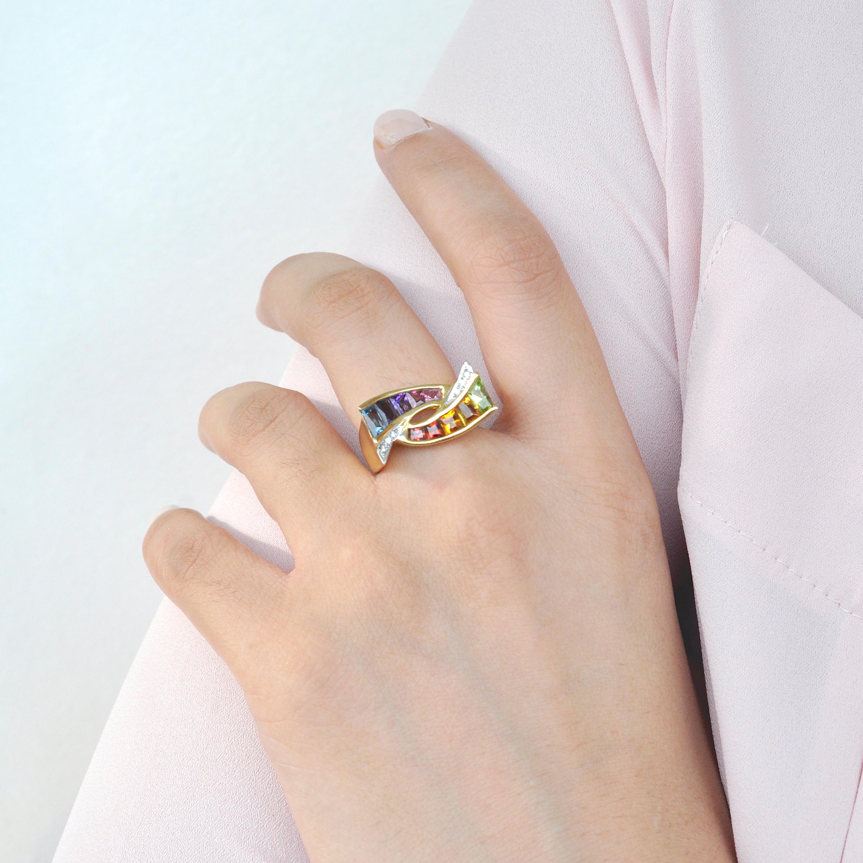 18 Karat Gold Topas Amethyst Granat Citrin Peridot Rhodolith Multicolor Regenbogen Ring im Angebot 10