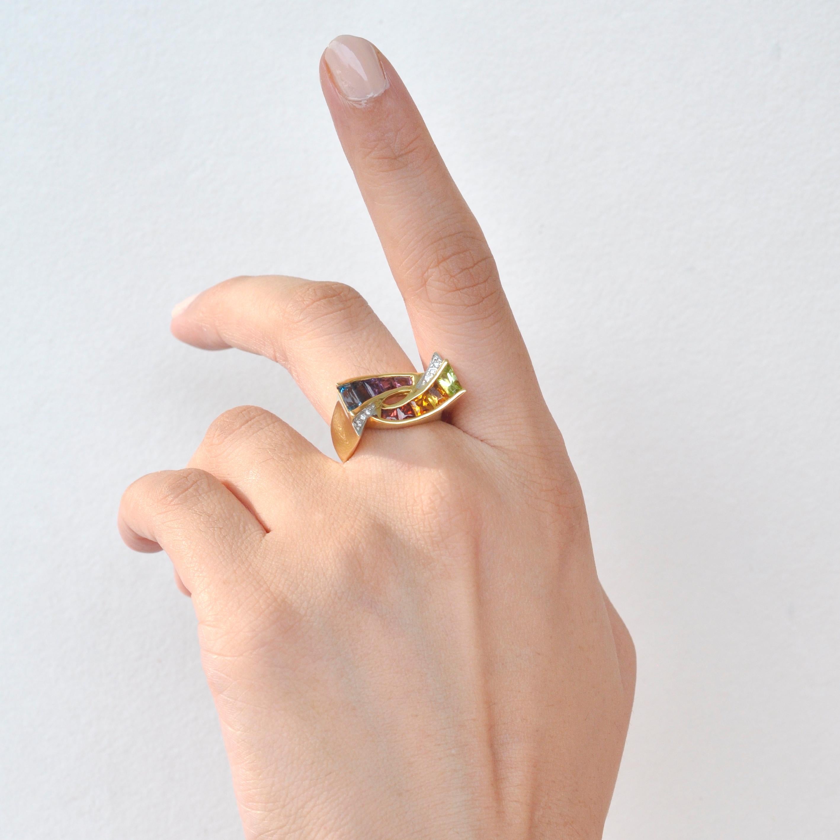 18 Karat Gold Topas Amethyst Granat Citrin Peridot Rhodolith Multicolor Regenbogen Ring im Angebot 12