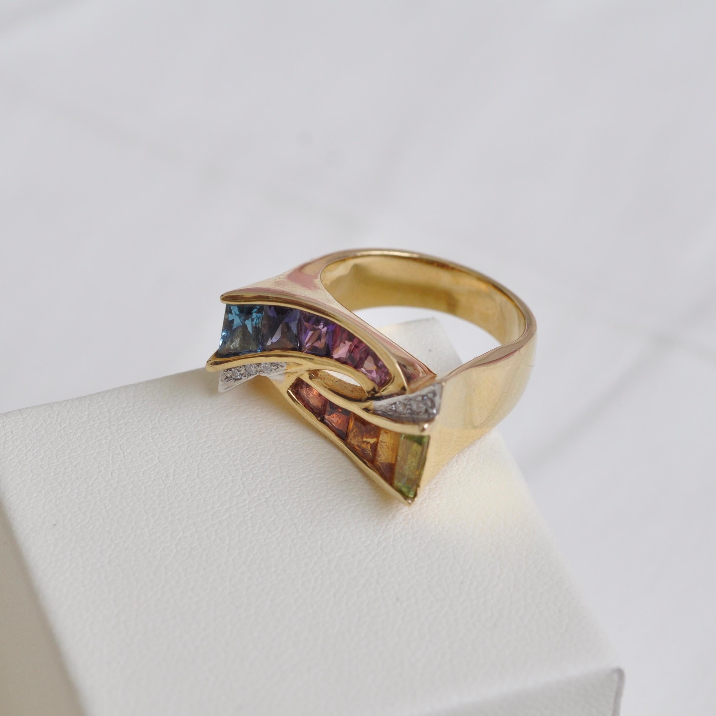 18 Karat Gold Topas Amethyst Granat Citrin Peridot Rhodolith Multicolor Regenbogen Ring (Baguette-Treppenschliff) im Angebot
