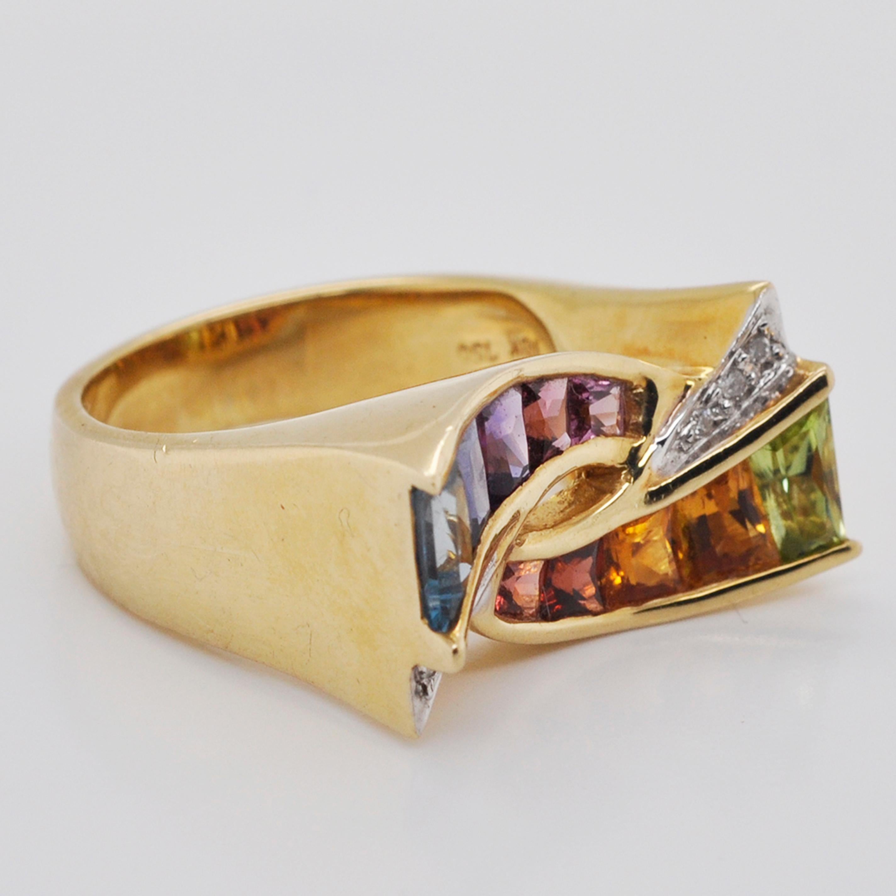 Tapered Baguette 18K Gold Topaz Amethyst Garnet Citrine Peridot Rhodolite Multicolor Rainbow Ring For Sale