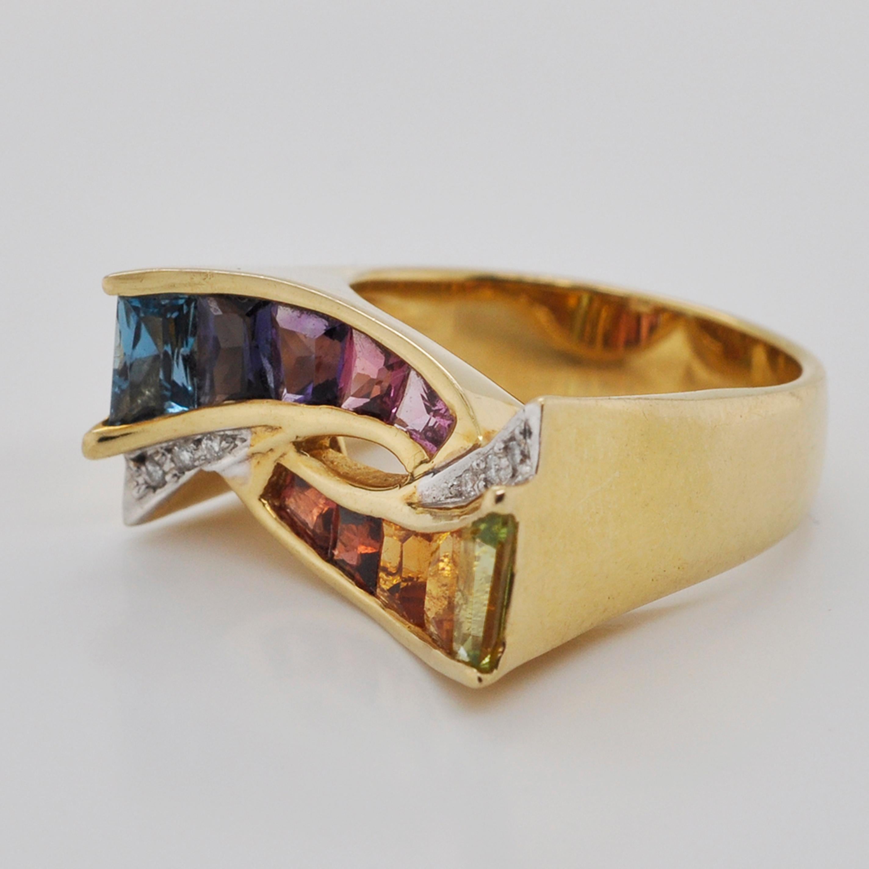 18 Karat Gold Topas Amethyst Granat Citrin Peridot Rhodolith Multicolor Regenbogen Ring im Angebot 2