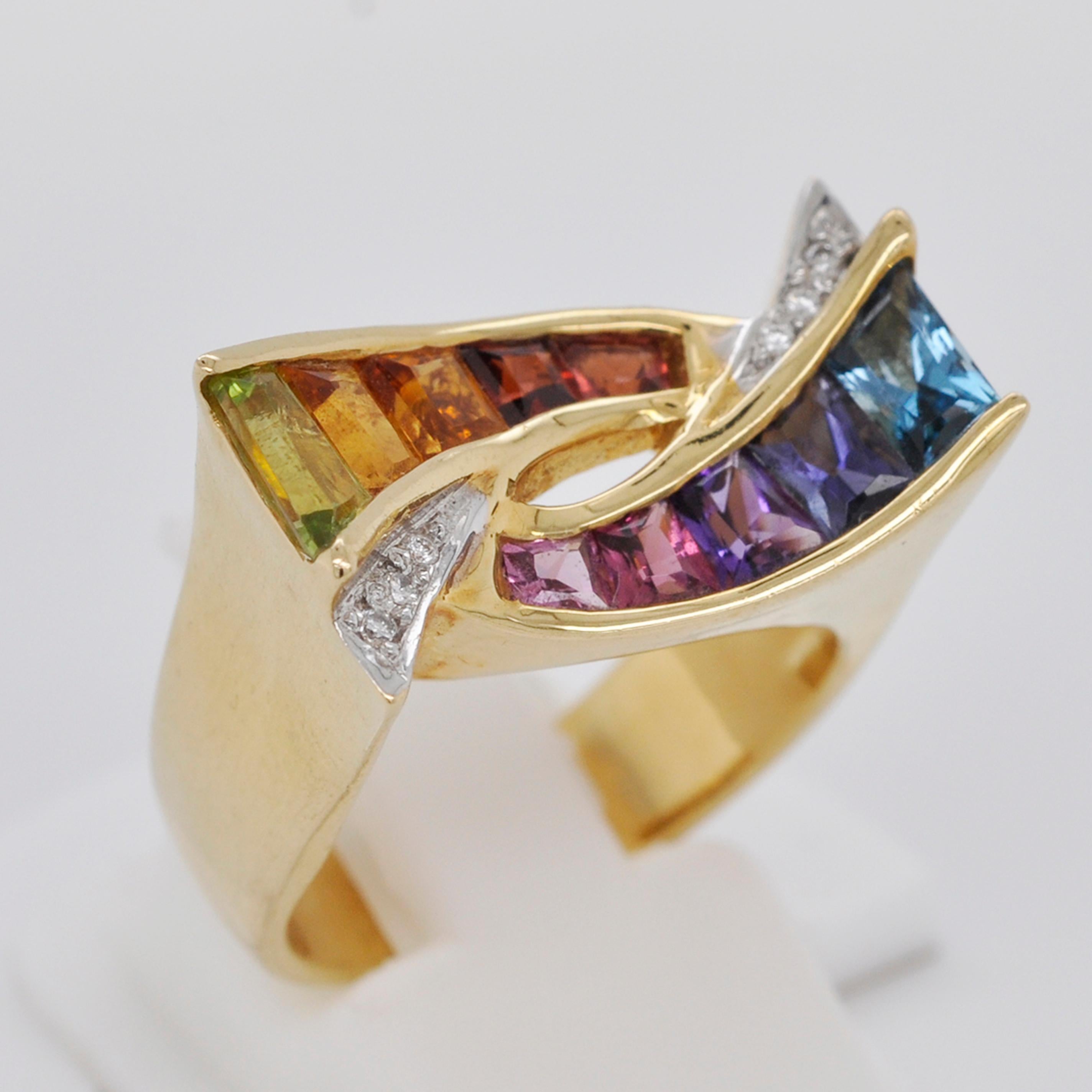 18 Karat Gold Topas Amethyst Granat Citrin Peridot Rhodolith Multicolor Regenbogen Ring im Angebot 3