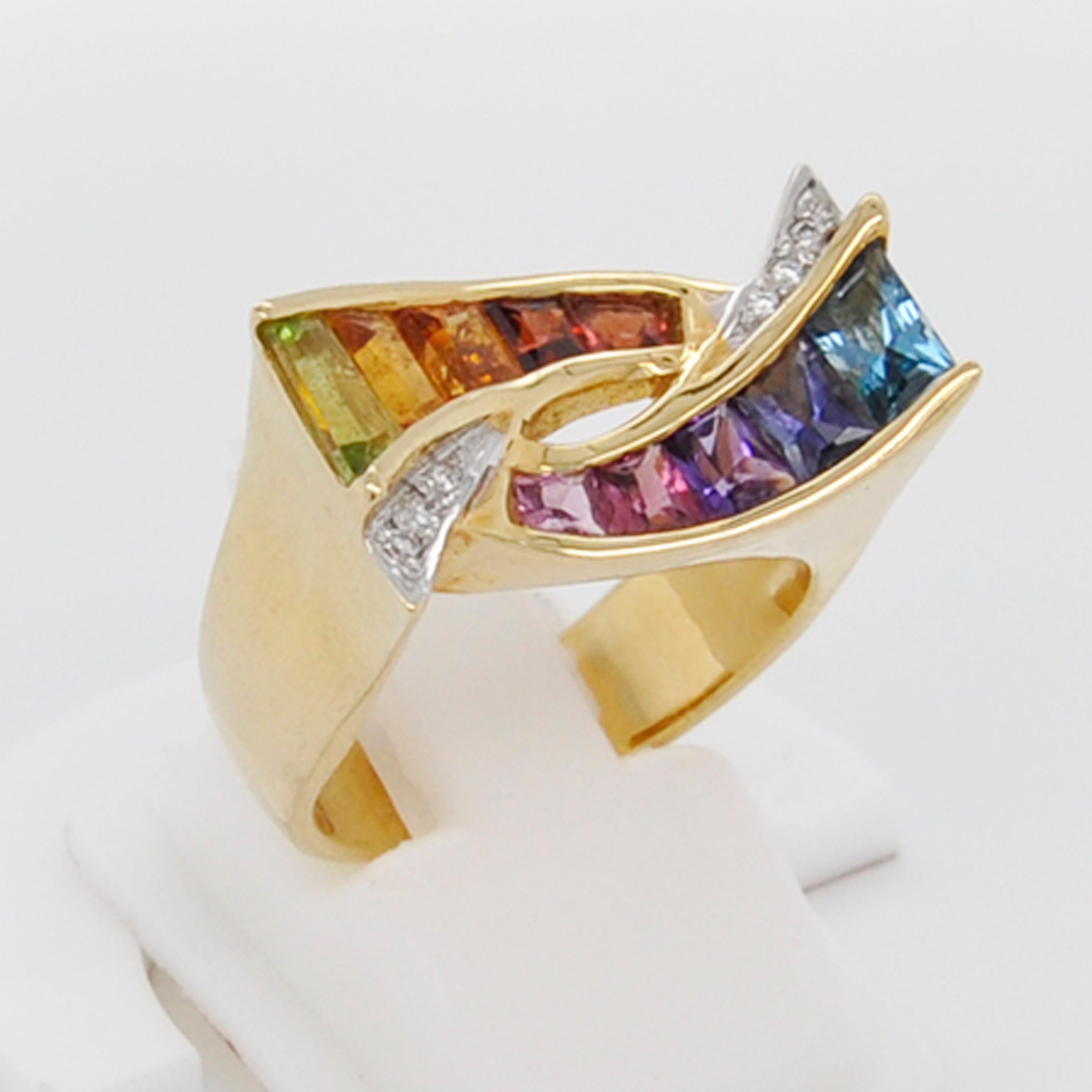 18 Karat Gold Topas Amethyst Granat Citrin Peridot Rhodolith Multicolor Regenbogen Ring im Angebot 4