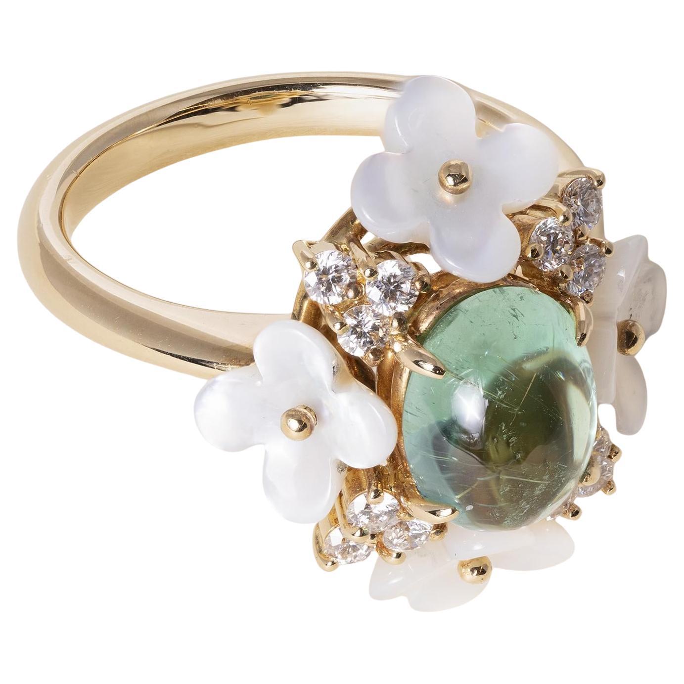 18K Gold Tourmaline Cabochon and Mother of Pearl Flower Ring For Sale