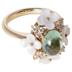 18K Gold Tourmaline Cabochon and Mother of Pearl Flower Ring 18K Gold Tourmaline Cabochon and Mother of Pearl Flower Ring
