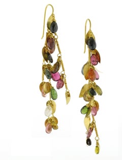 18K Gold Tourmaline Drop Earrings with Leaf Charms