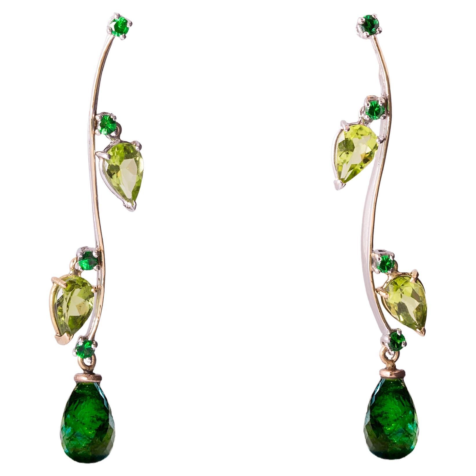 18K Gold Tourmaline Drops Green Peridot Tourmaline Classy Design Dangle Earrings