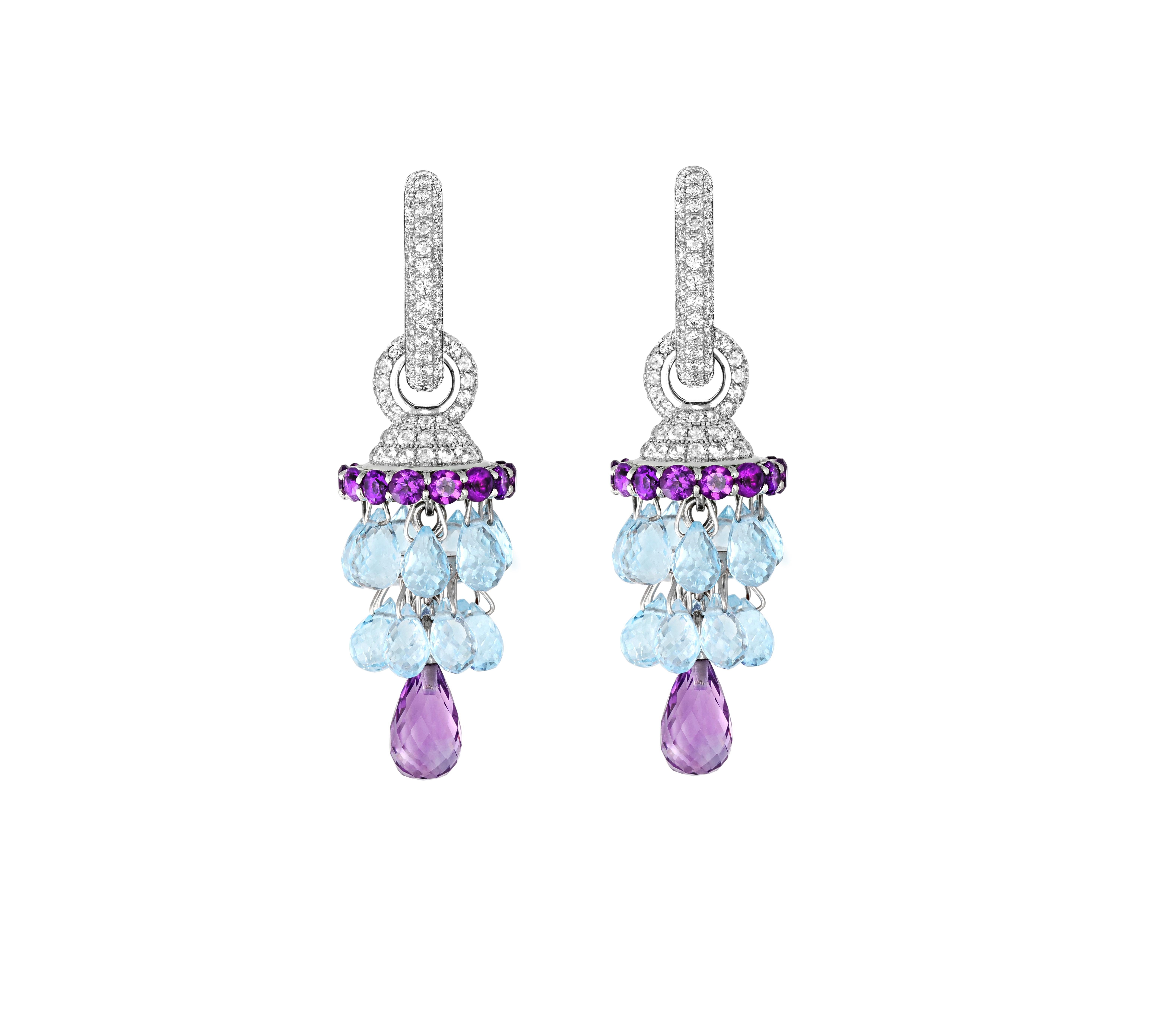 18kt solid gold Transformable Chandelier earrings with briolette natural topazes, amethysts and diamonds. 18 kt solid gold: you can choose yellow or white. All gemstones are natural. Earrings can be worn in different ways: as a Chandelier earrings